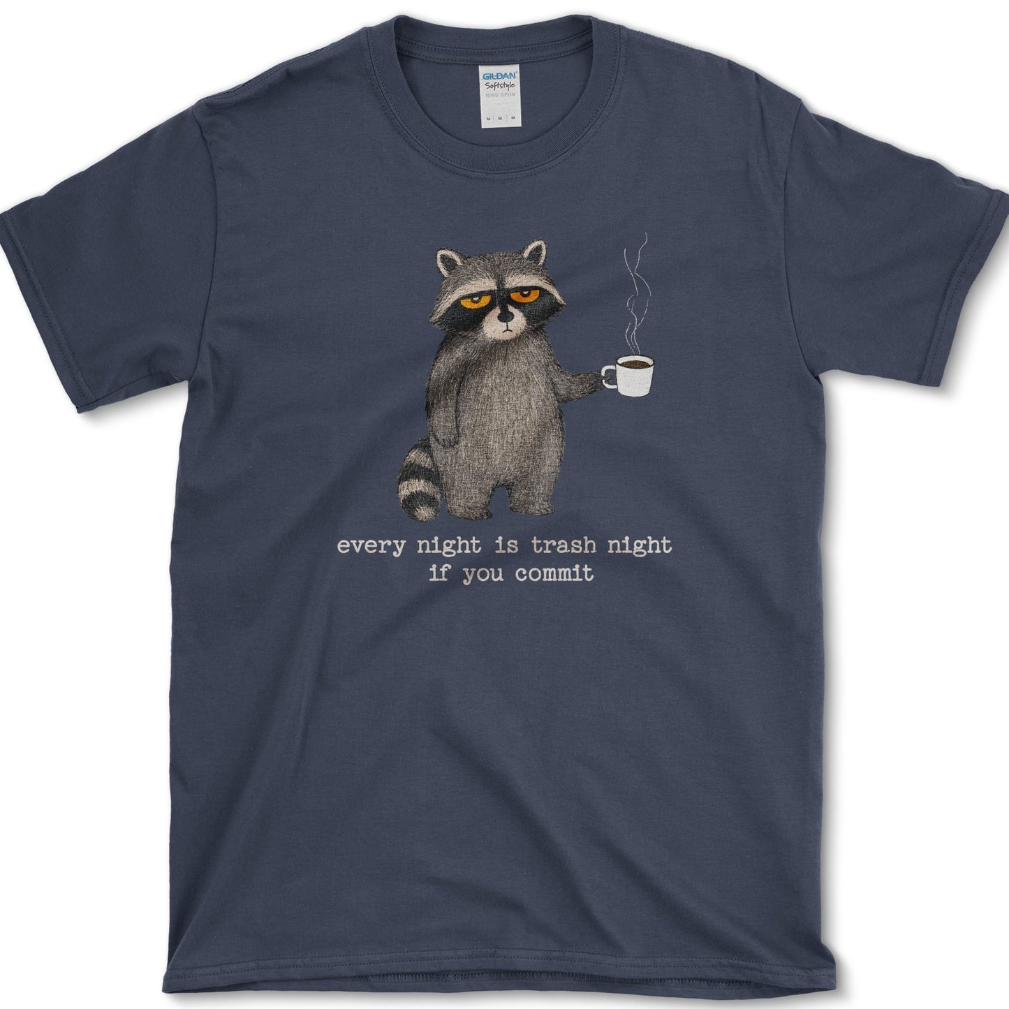 Trash Night artwork featuring trash night raccoon and raccoon on a t-shirt
