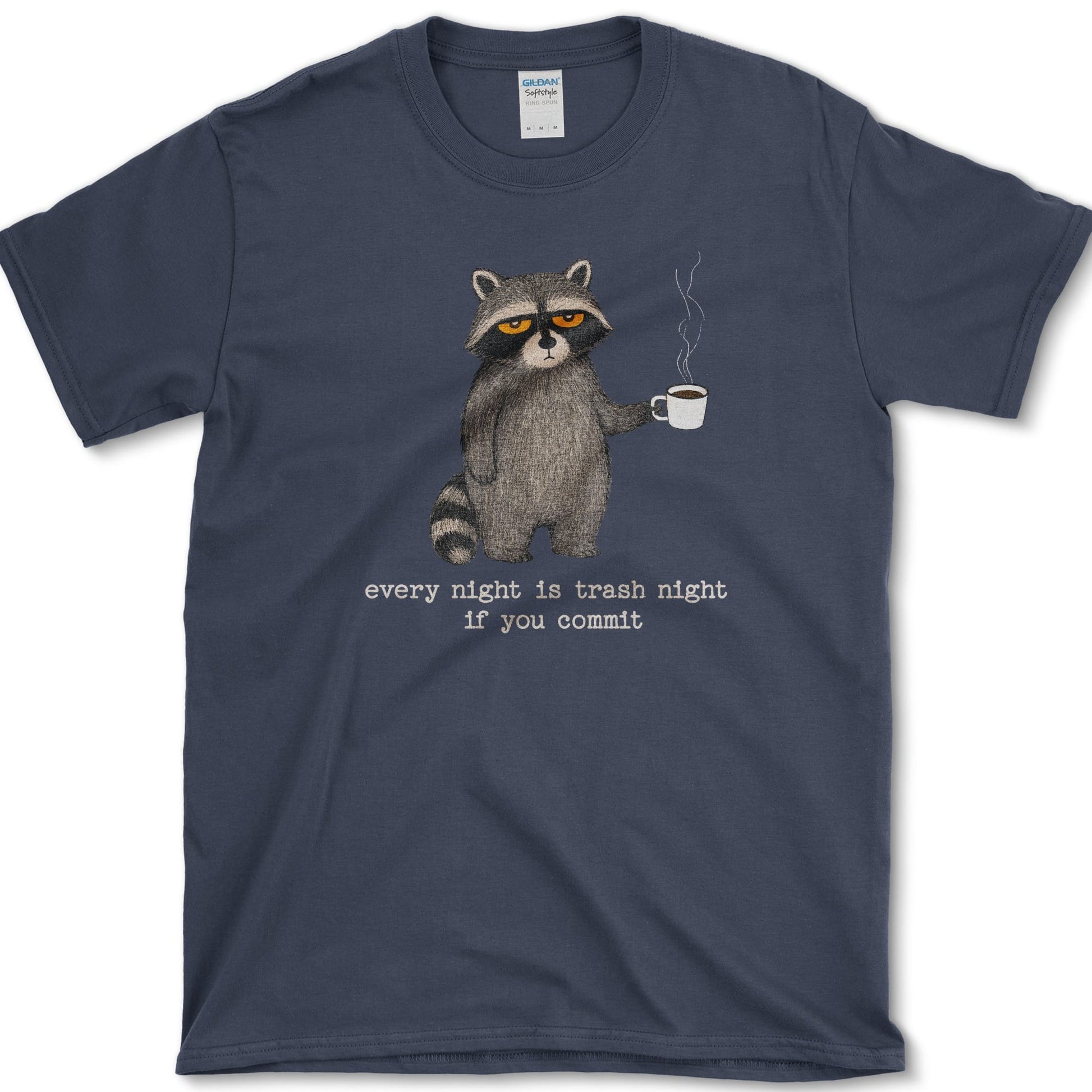 Trash Night artwork featuring trash night raccoon and raccoon on a t-shirt