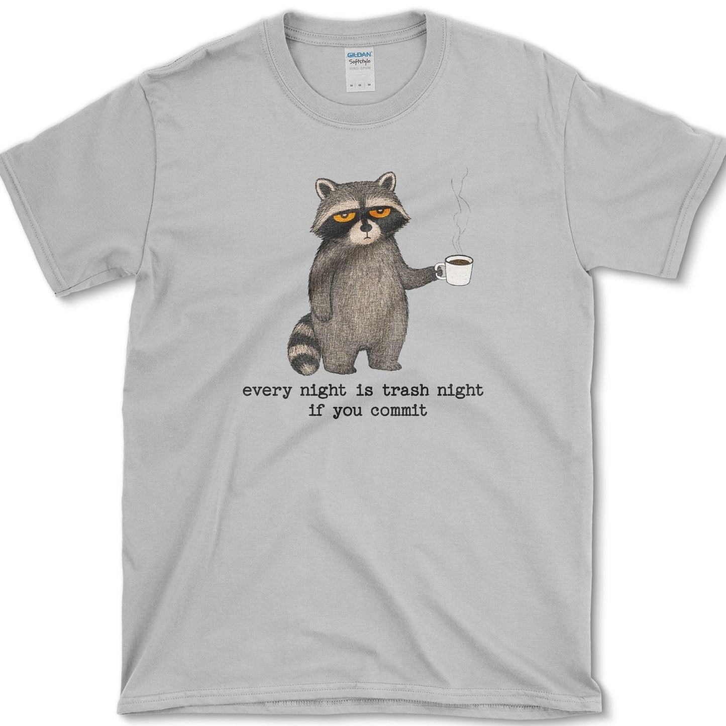 Trash Night artwork featuring trash night raccoon and raccoon on a t-shirt