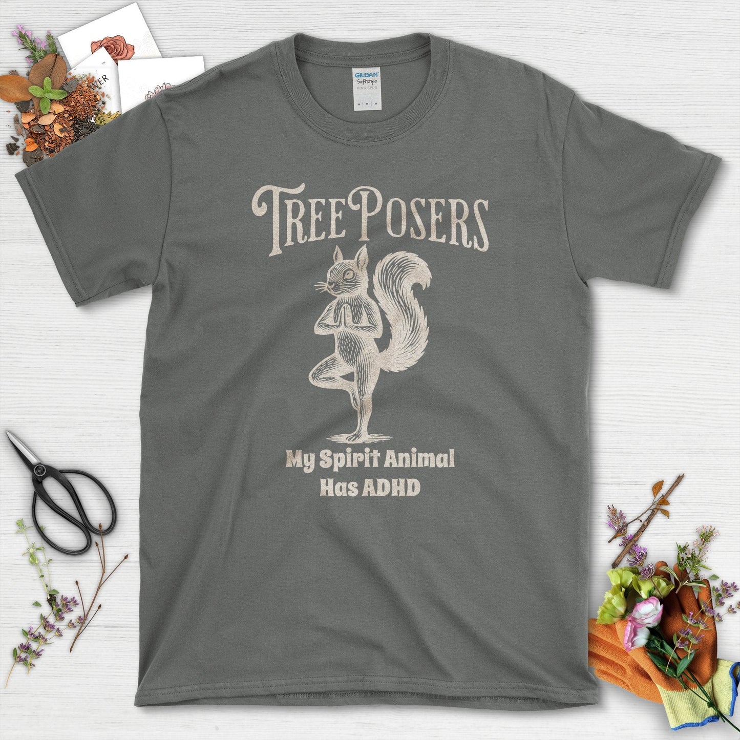 Tree Posers Squirrel Yoga T-Shirt Charcoal / S Physical Item