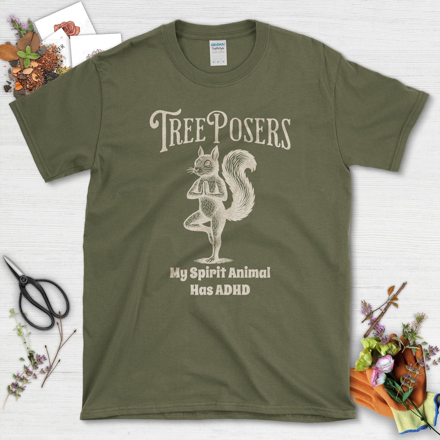 Tree Posers Squirrel Yoga T-Shirt Military Green / S Physical Item