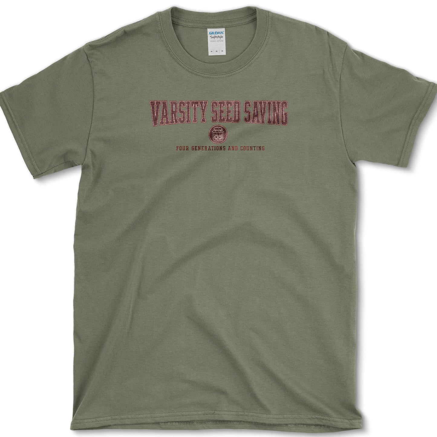 Varsity Seed Saving design featuring seed saving artwork on a t-shirt