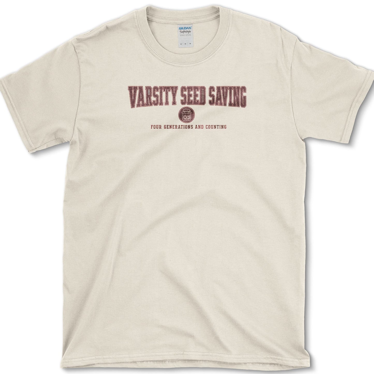 Varsity Seed Saving design featuring seed saving artwork on a t-shirt