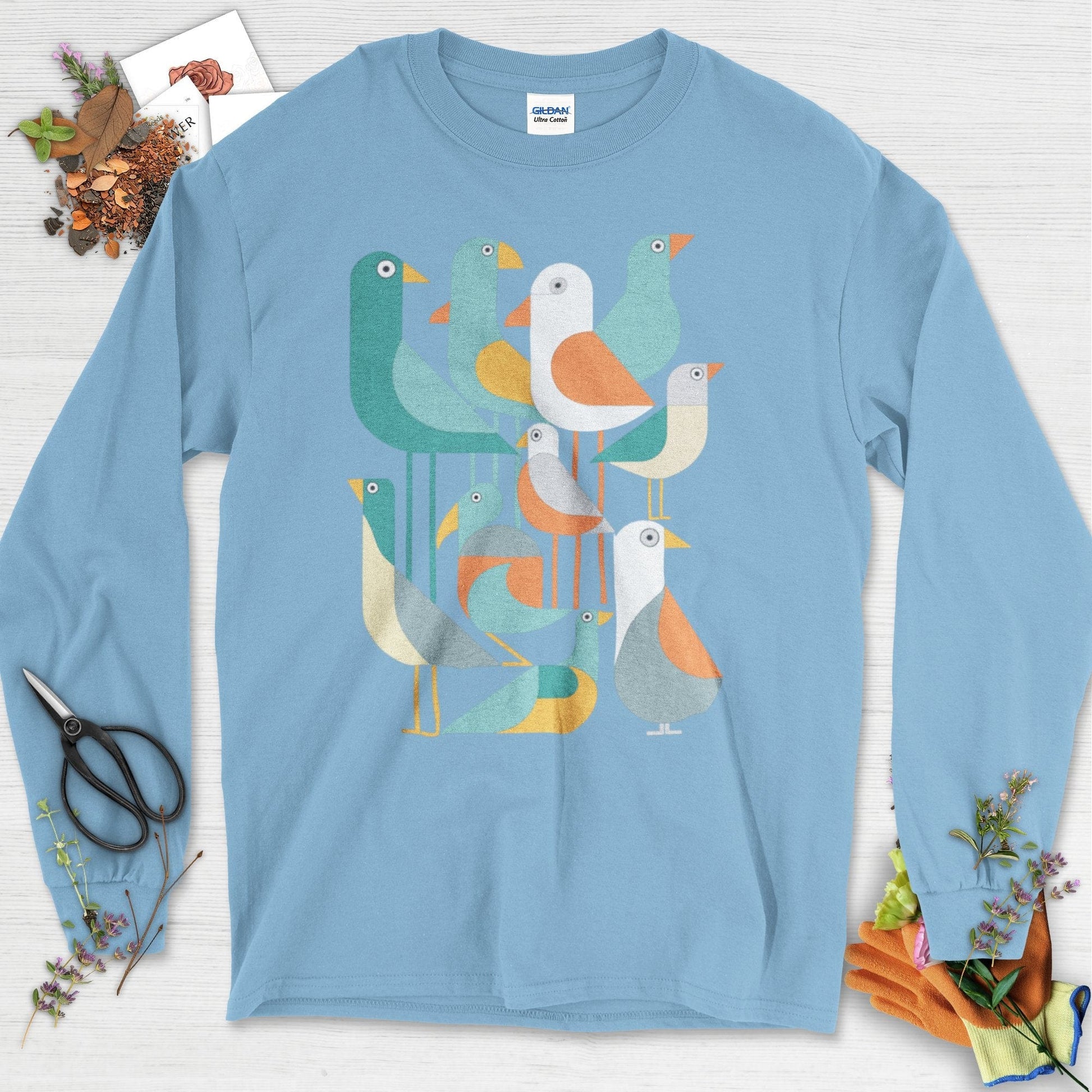 Vibrant Birds Garden Long Sleeve Light Blue / S Physical Item