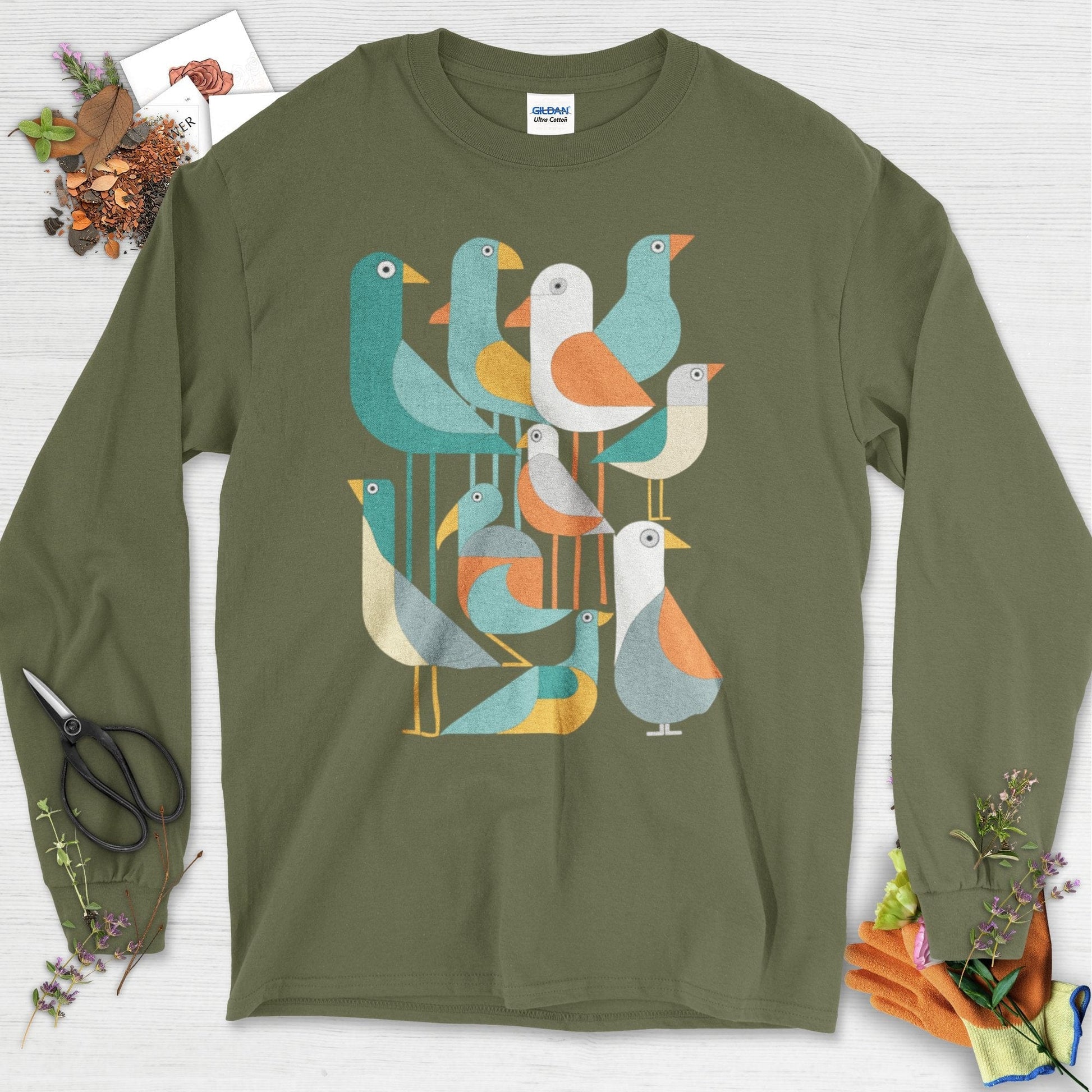 Vibrant Birds Garden Long Sleeve Military Green / S Physical Item