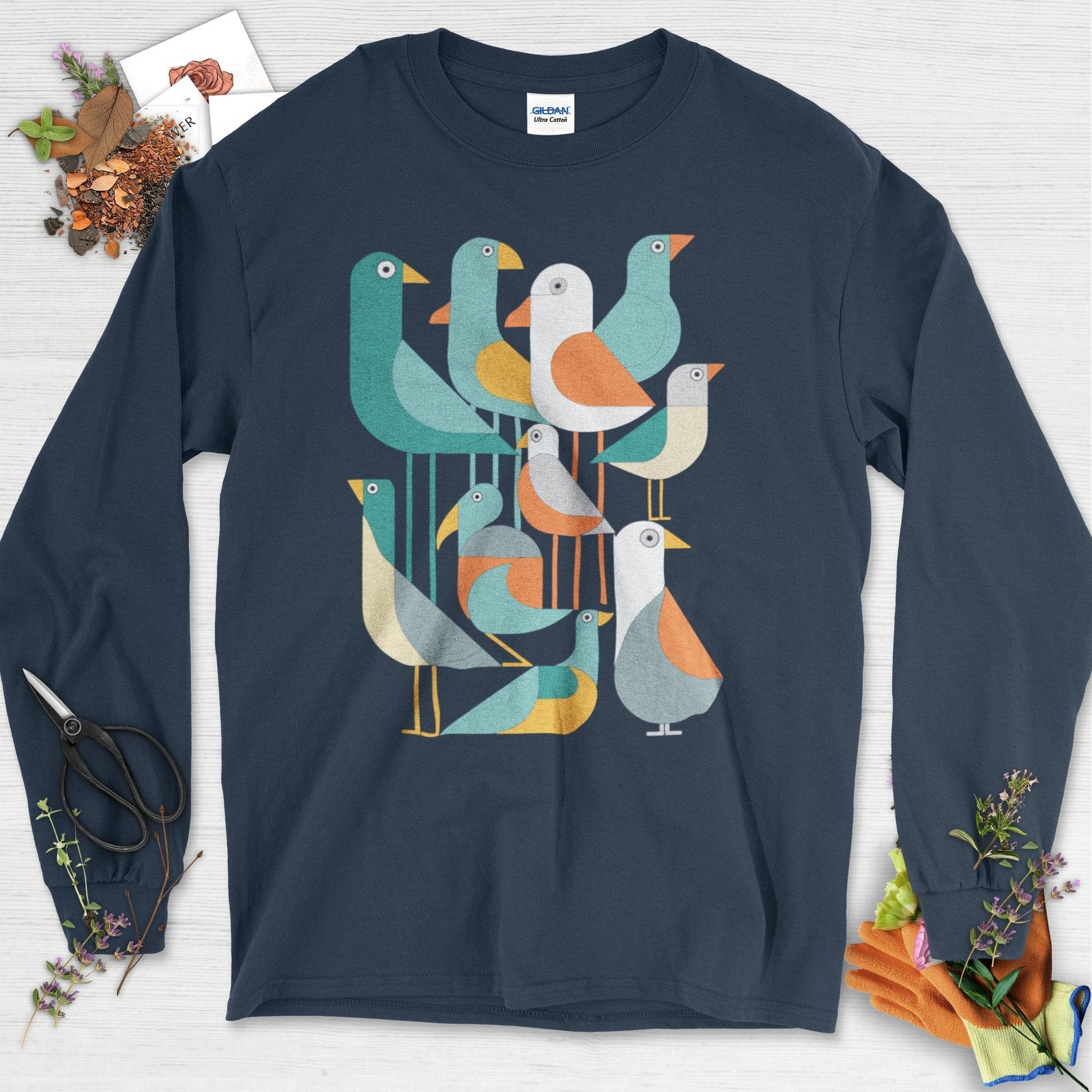 Vibrant Birds Garden Long Sleeve Navy / S Physical Item