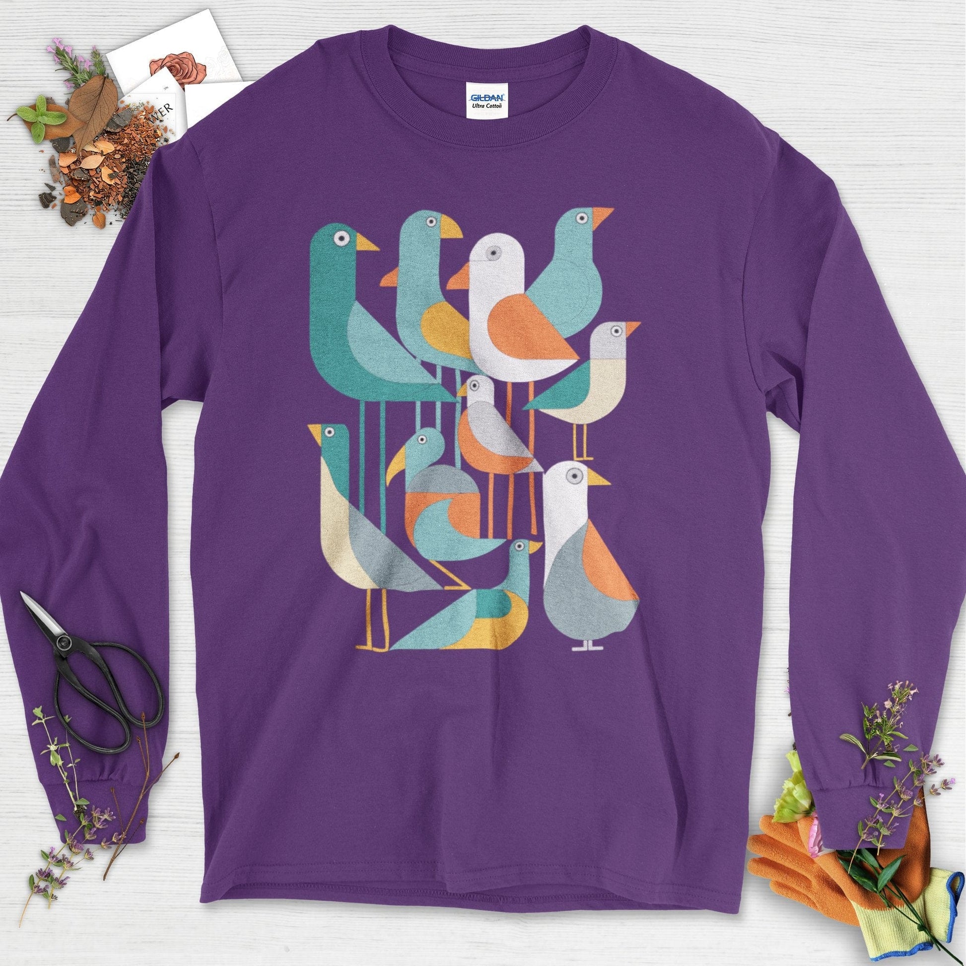 Vibrant Birds Garden Long Sleeve Purple / S Physical Item