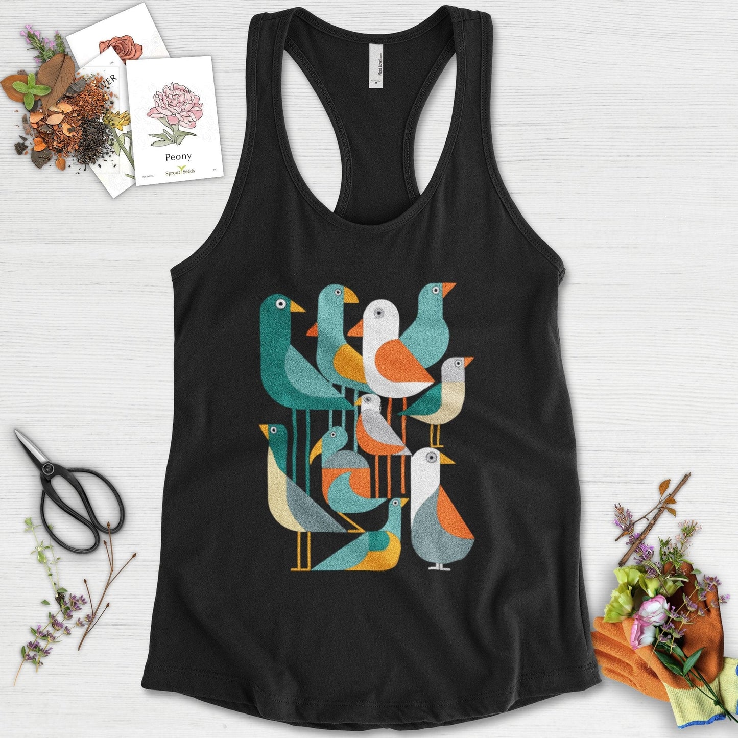 Vibrant Birds Garden Racerback Racerback / XS / Black Physical Item