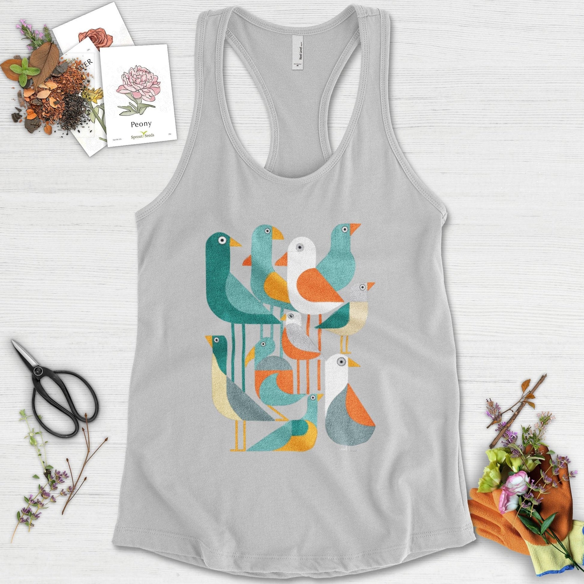 Vibrant Birds Garden Racerback Racerback / XS / Heather Grey Physical Item