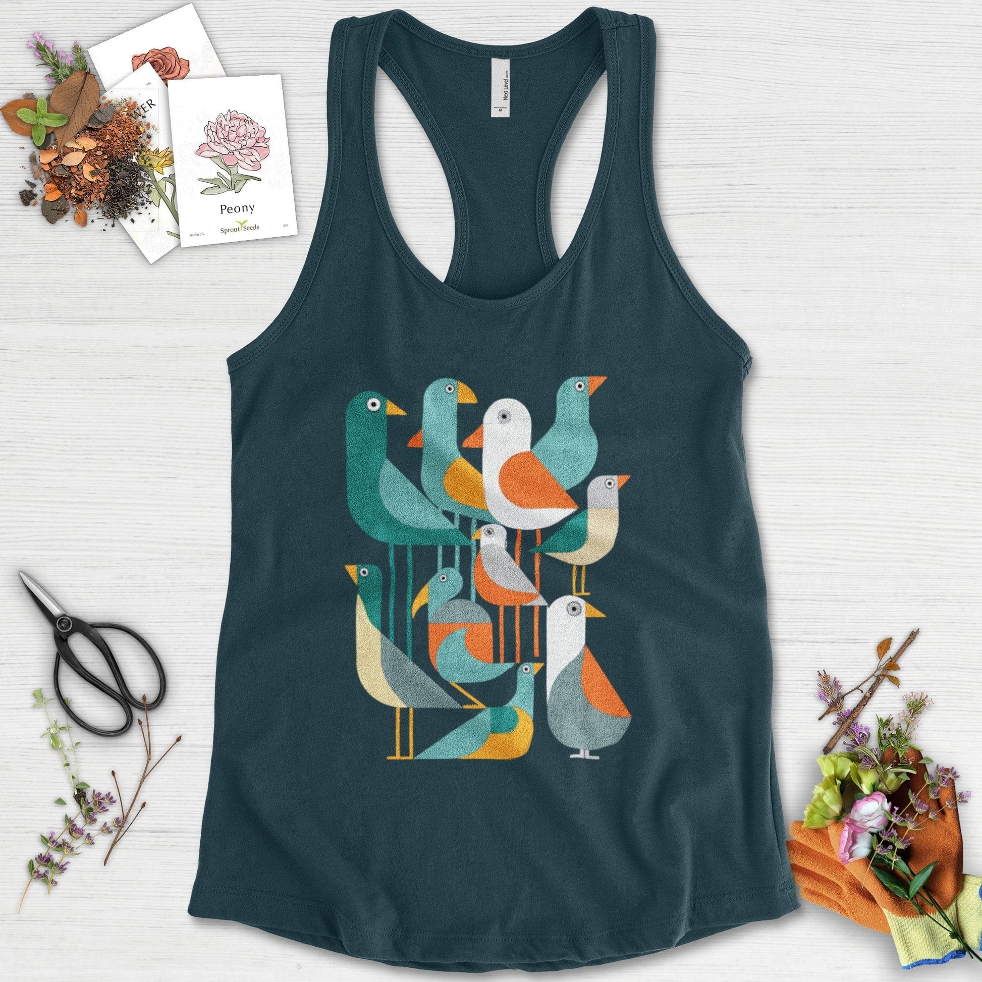 Vibrant Birds Garden Racerback Racerback / XS / Midnight Navy Physical Item