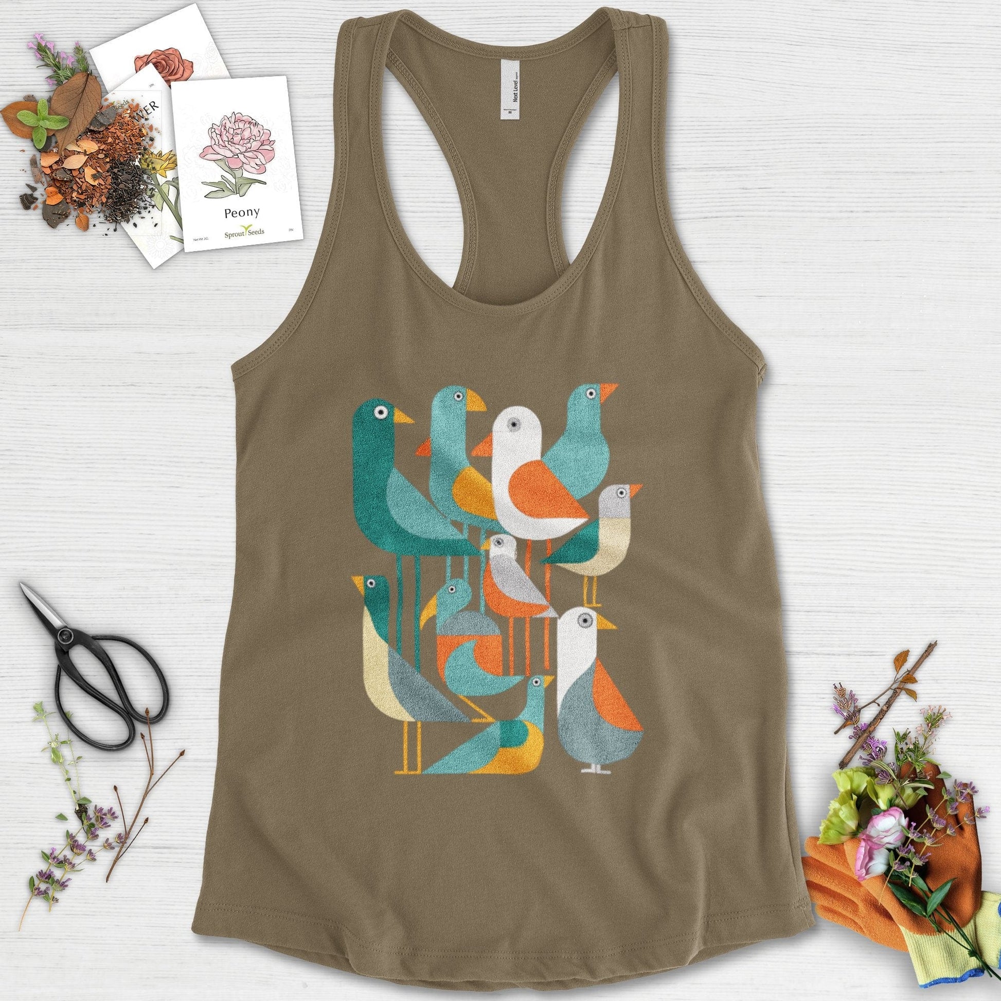 Vibrant Birds Garden Racerback Racerback / XS / Military Green Physical Item