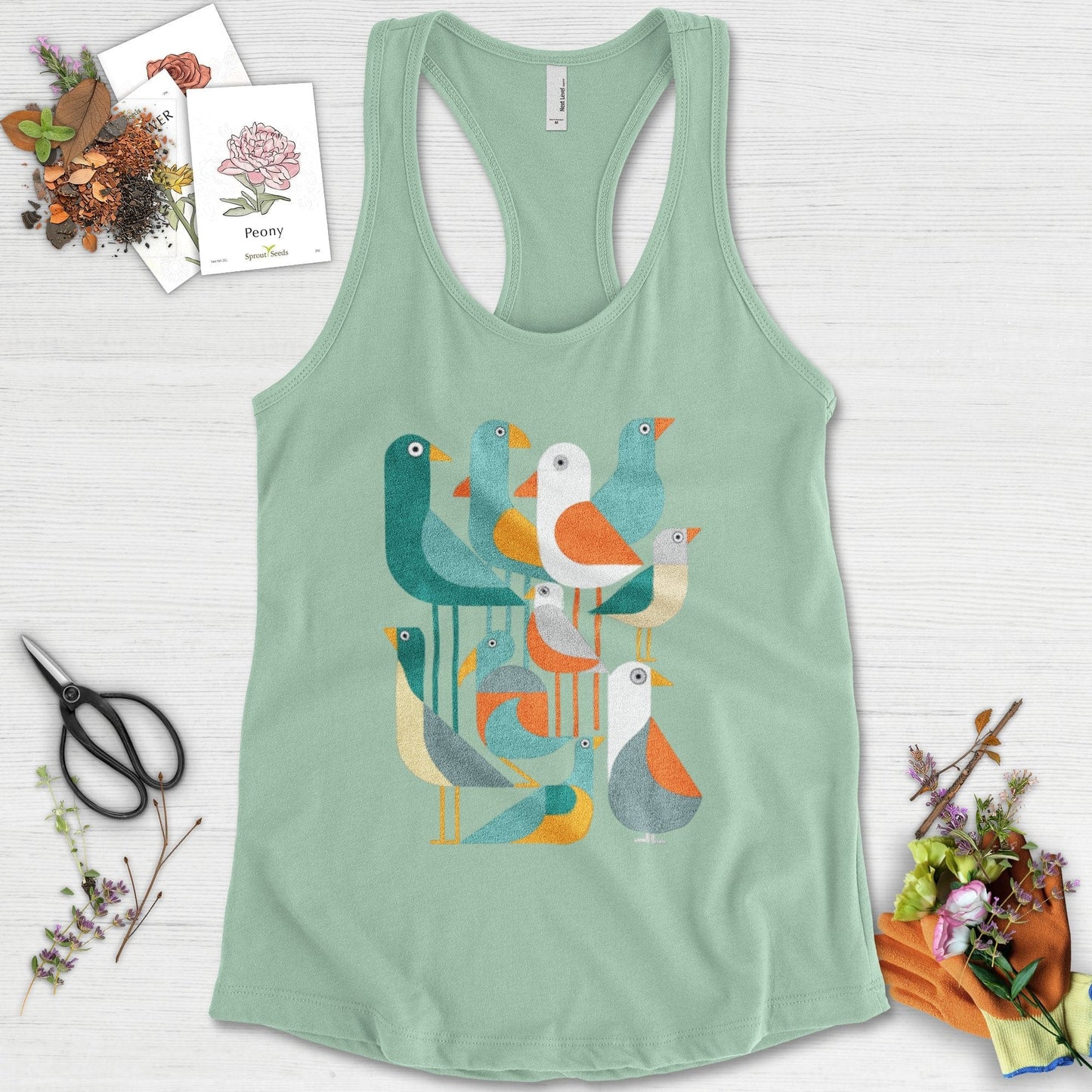 Vibrant Birds Garden Racerback Racerback / XS / Mint Physical Item