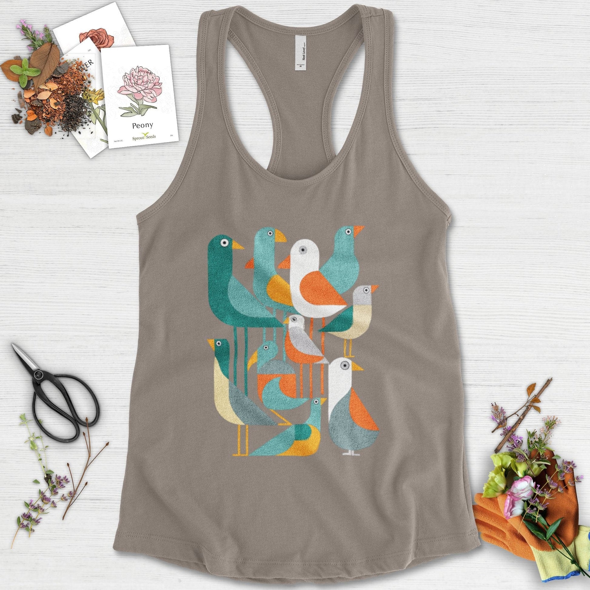 Vibrant Birds Garden Racerback Racerback / XS / Warm Grey Physical Item