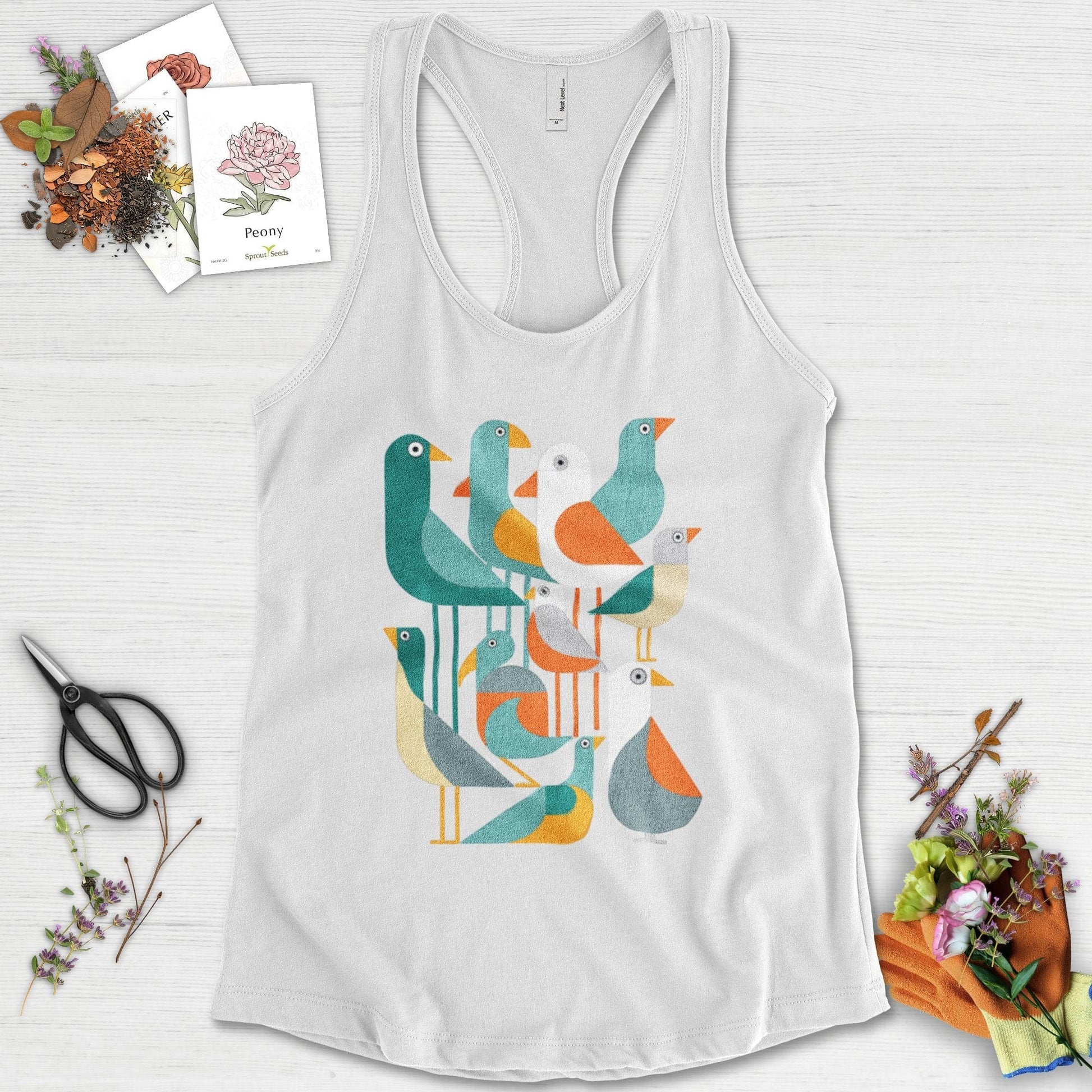 Vibrant Birds Garden Racerback Racerback / XS / White Physical Item