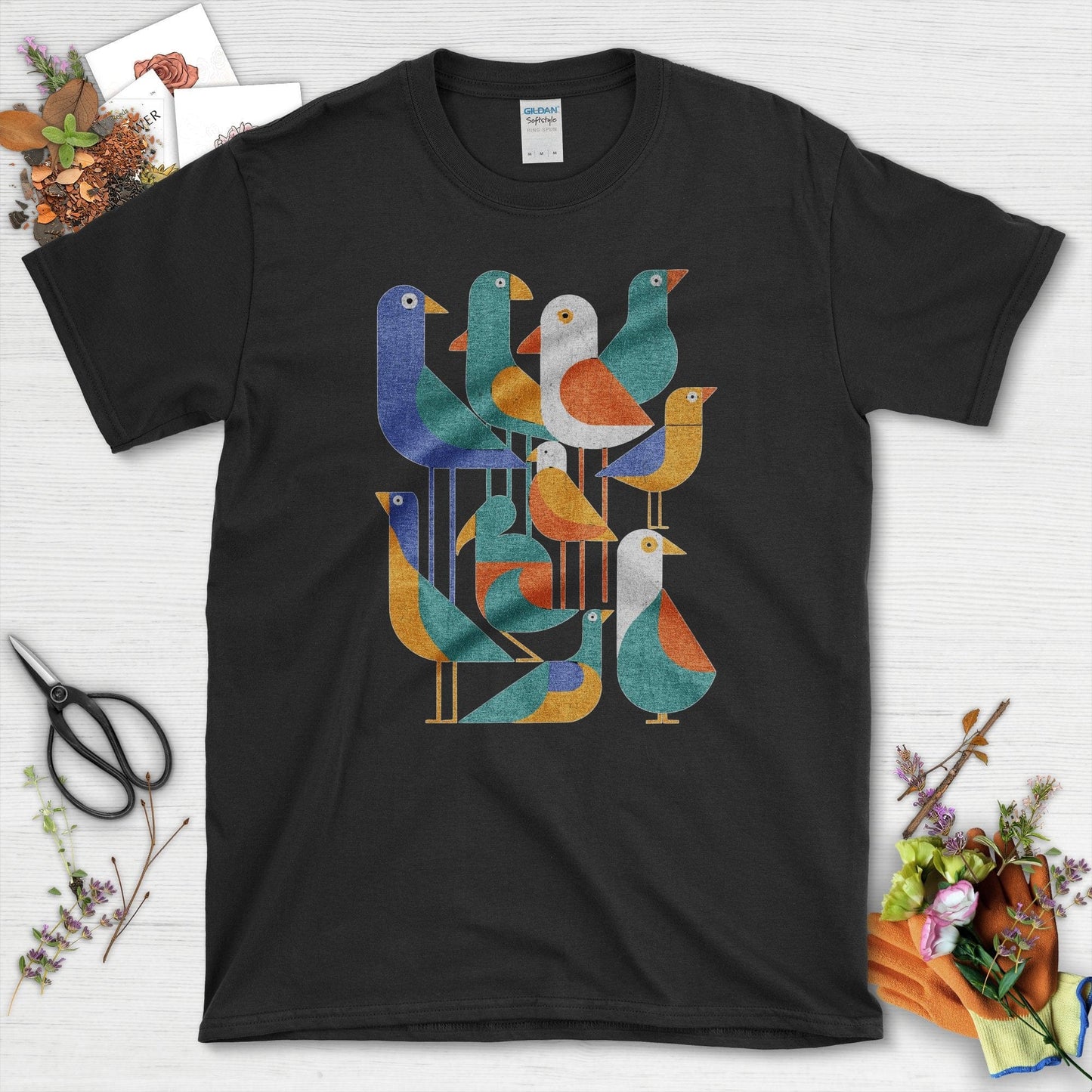 Vibrant Birds Garden T-Shirt T-Shirts / S / Black Physical Item