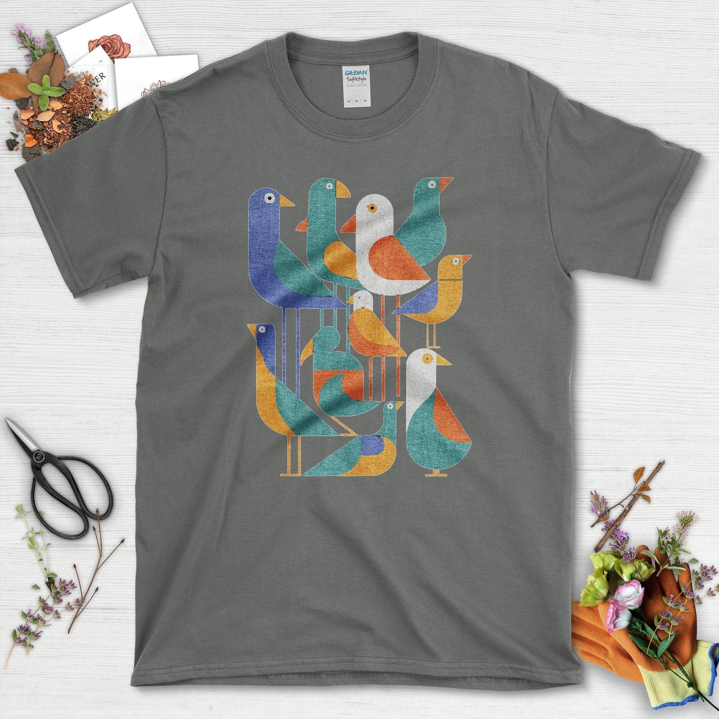 Vibrant Birds Garden T-Shirt T-Shirts / S / Charcoal Physical Item