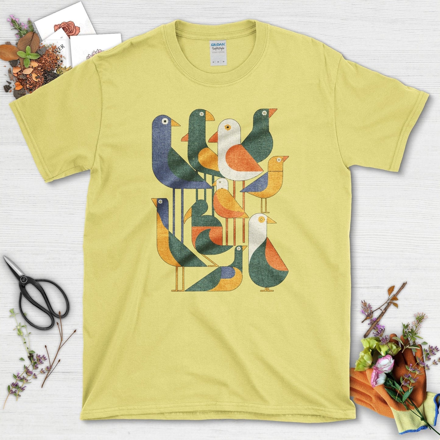 Vibrant Birds Garden T-Shirt T-Shirts / S / Cornsilk Physical Item