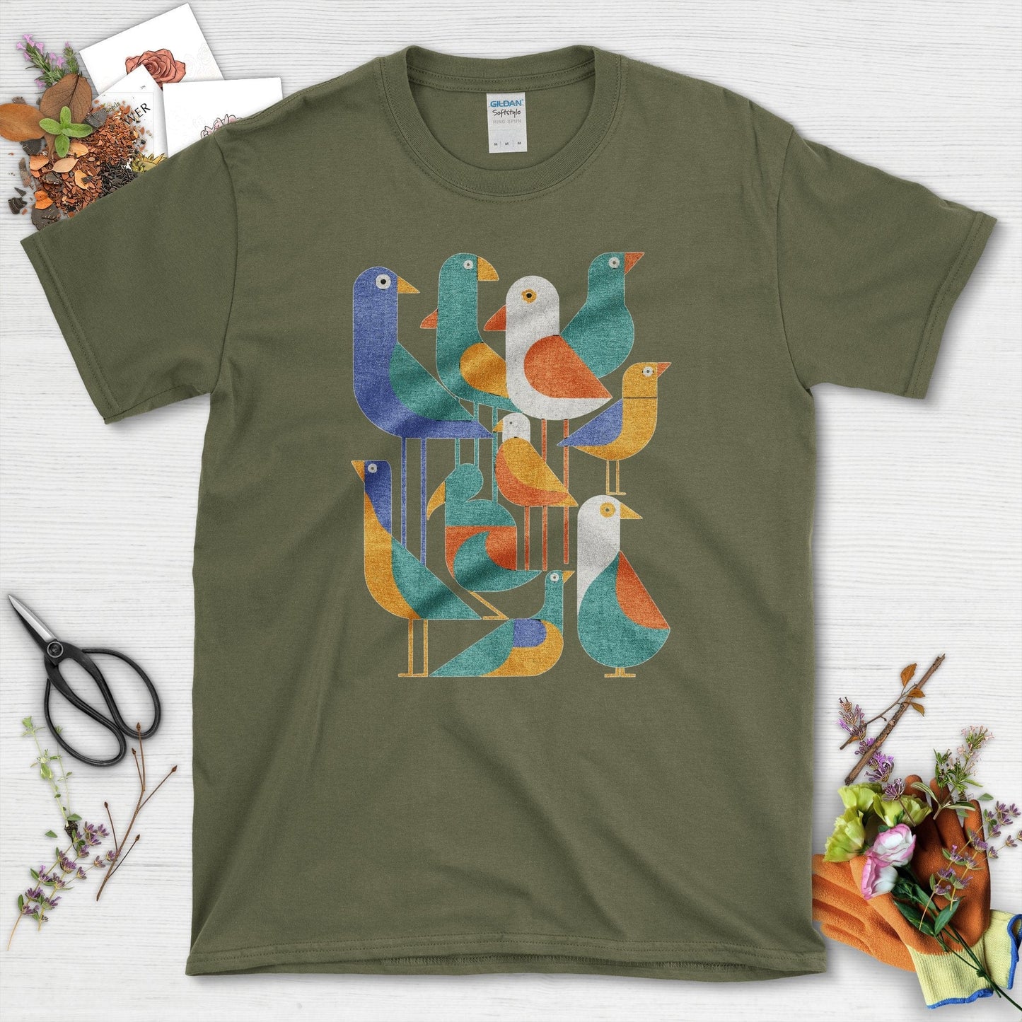 Vibrant Birds Garden T-Shirt T-Shirts / S / Military Green Physical Item