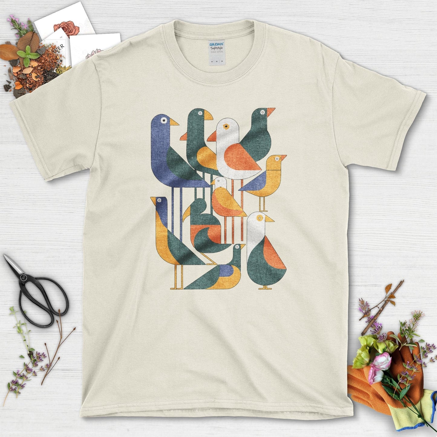 Vibrant Birds Garden T-Shirt T-Shirts / S / Natural Physical Item