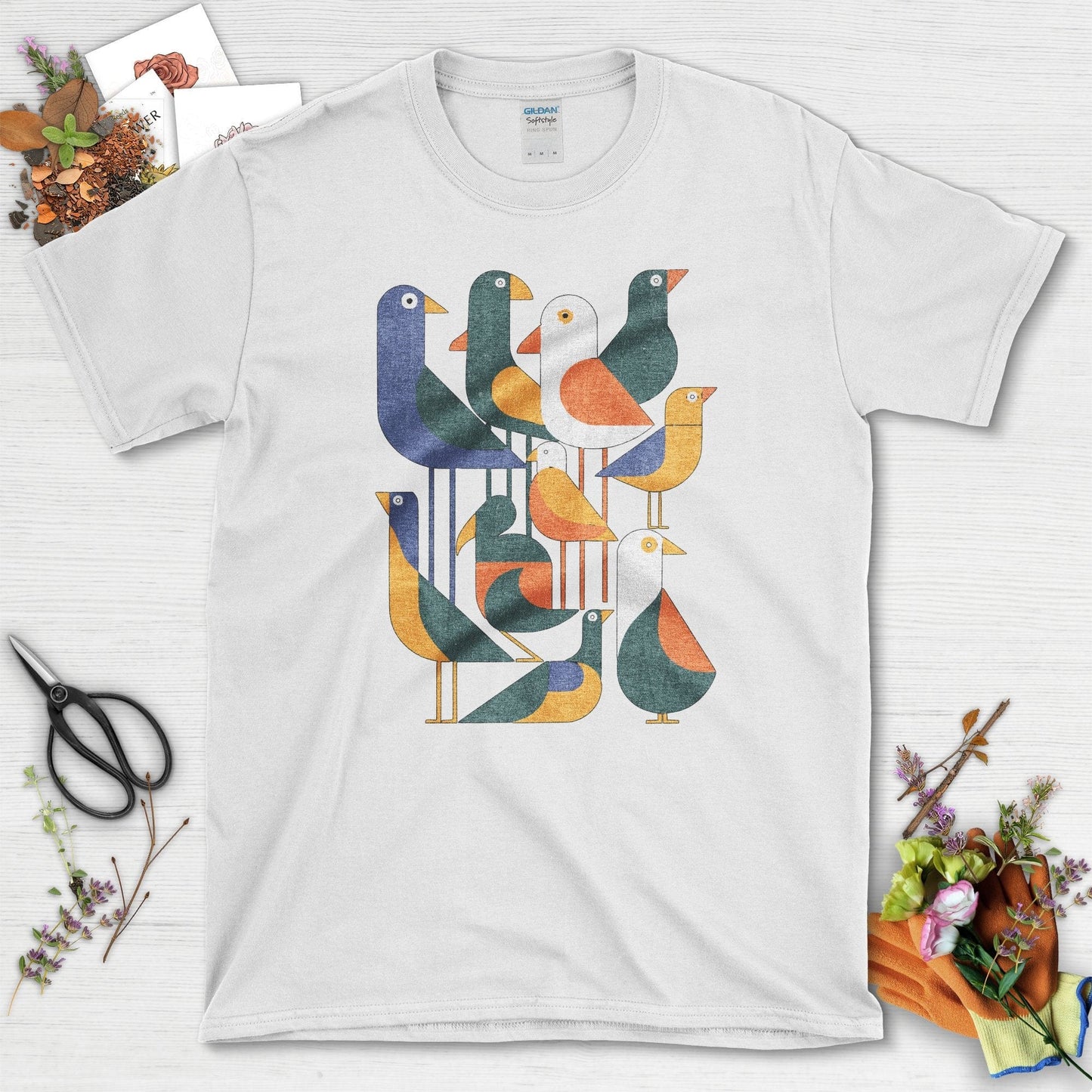 Vibrant Birds Garden T-Shirt T-Shirts / S / White Physical Item