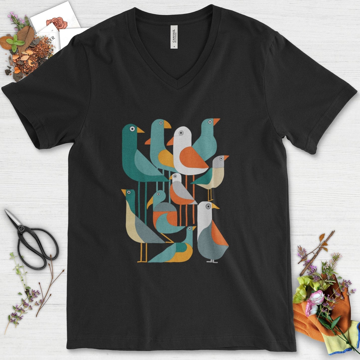 Vibrant Birds Garden V-Neck Black / S Physical Item