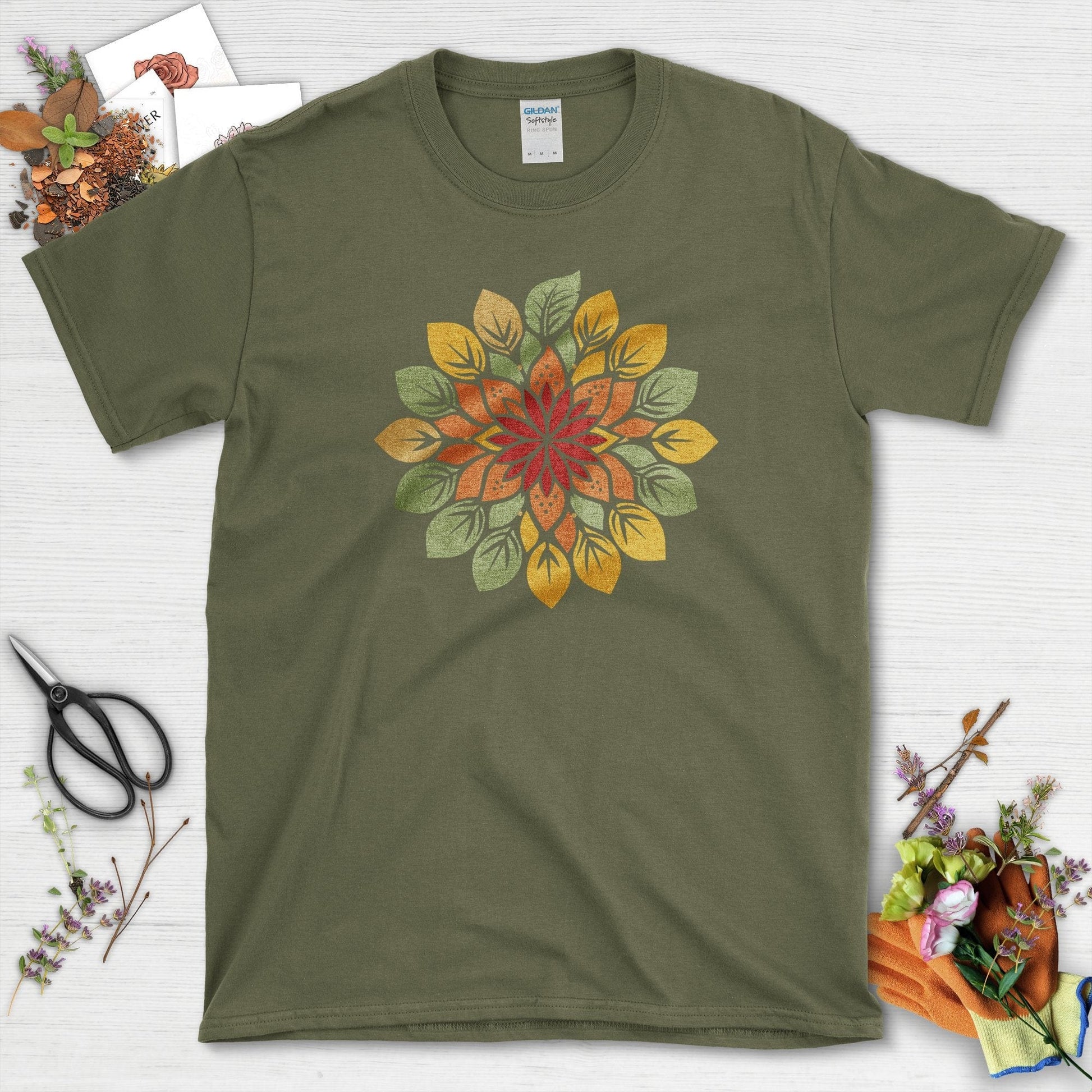Vibrant Floral Mandala T-Shirt Military Green / S T-Shirt