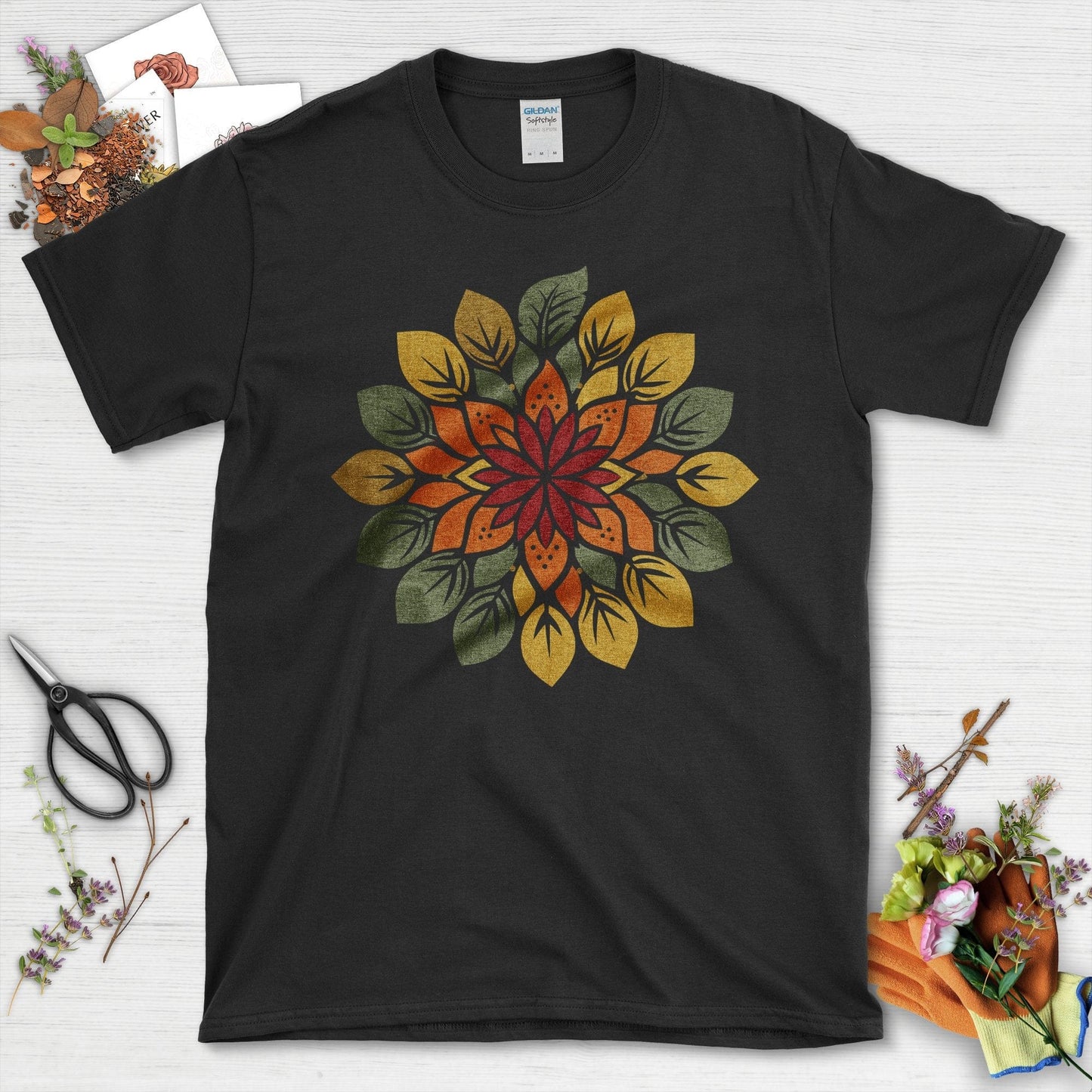 Vibrant Floral Mandala with Leaves Design T-Shirt Black / S T-Shirt