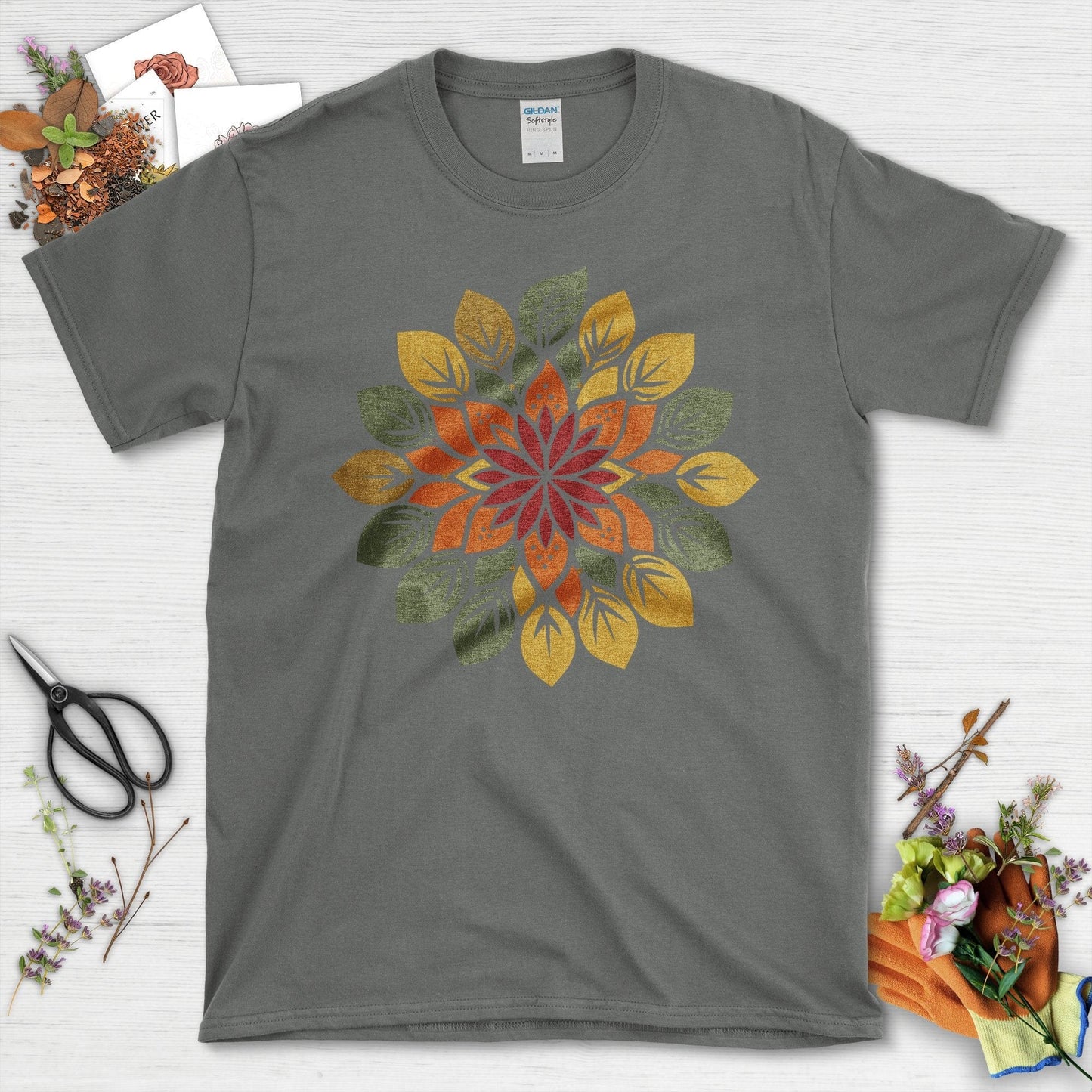 Vibrant Floral Mandala with Leaves Design T-Shirt Charcoal / S T-Shirt