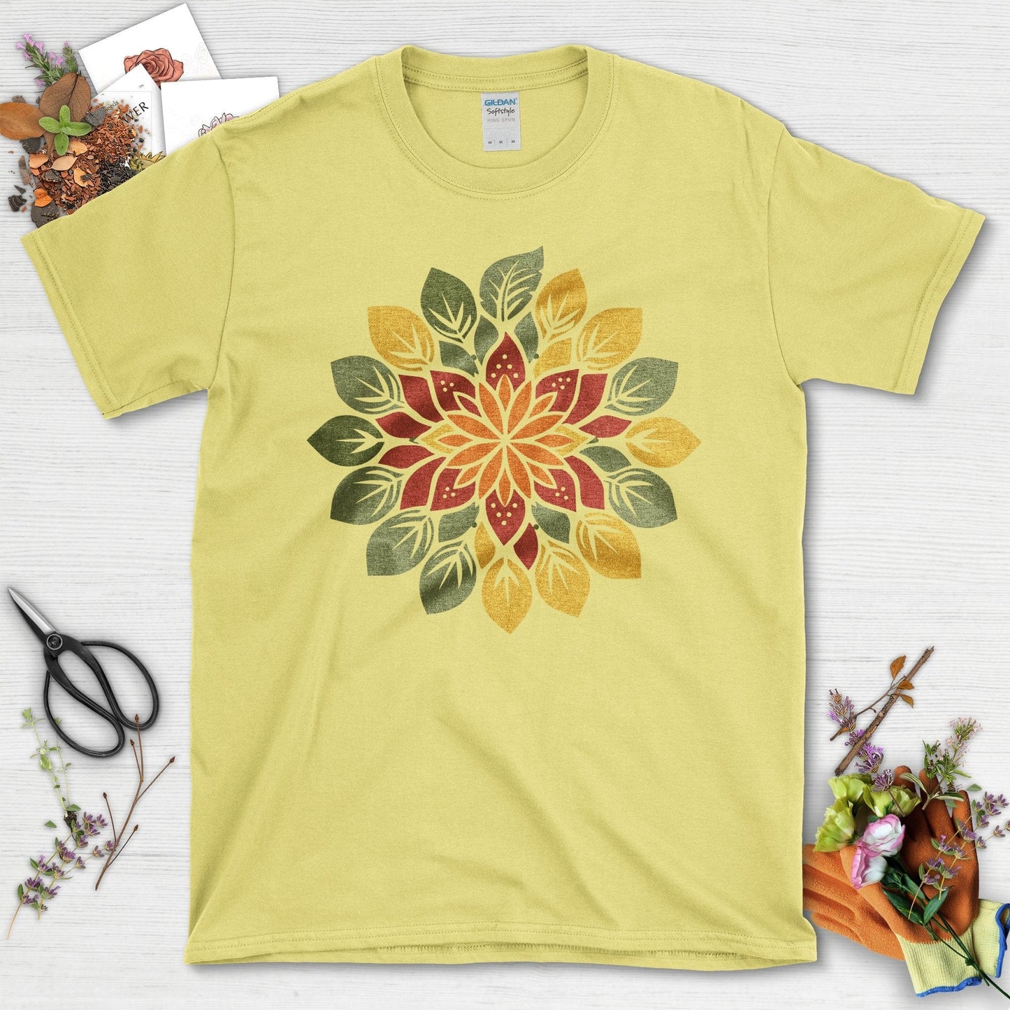 Vibrant Floral Mandala with Leaves Design T-Shirt Cornsilk / S T-Shirt