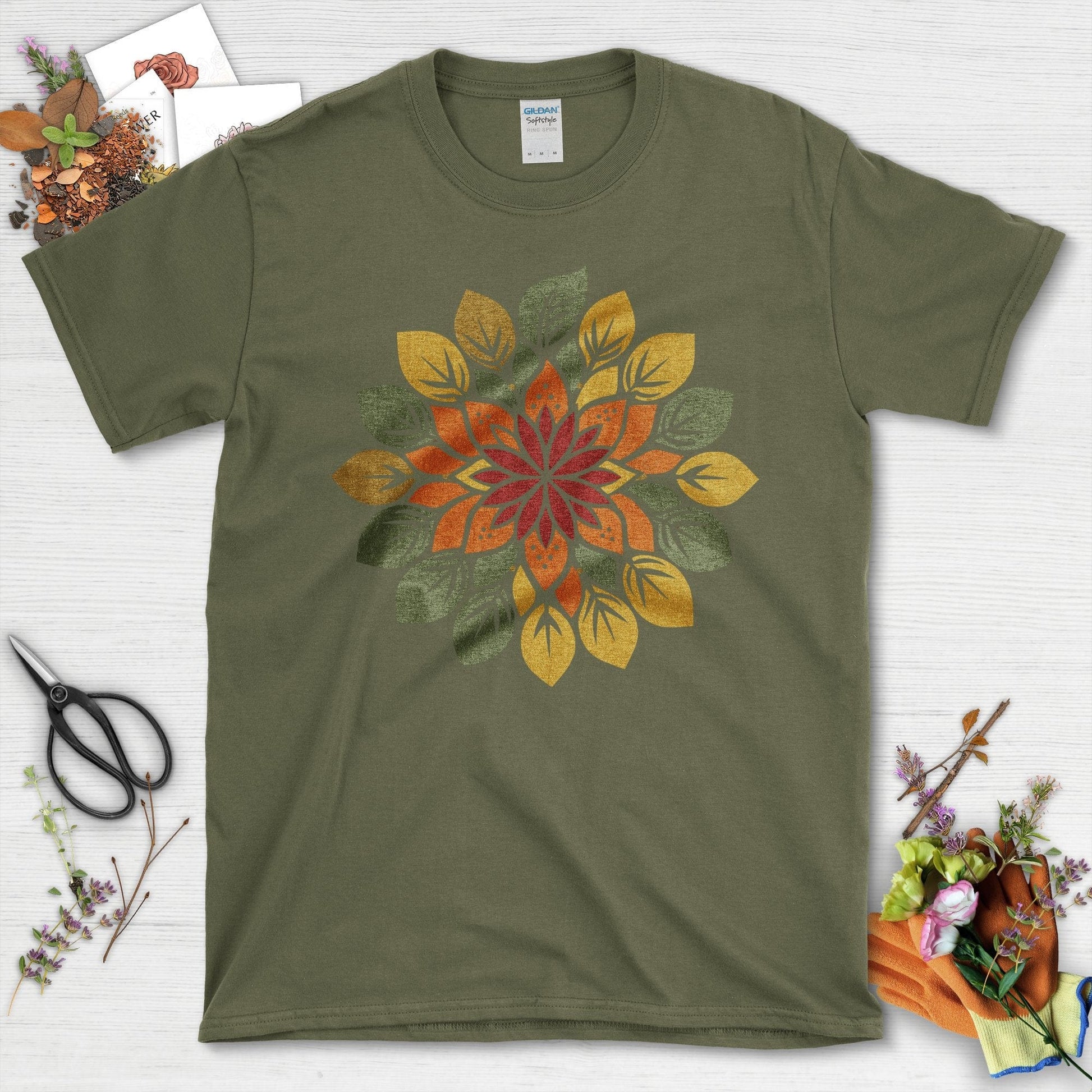 Vibrant Floral Mandala with Leaves Design T-Shirt Military Green / S T-Shirt