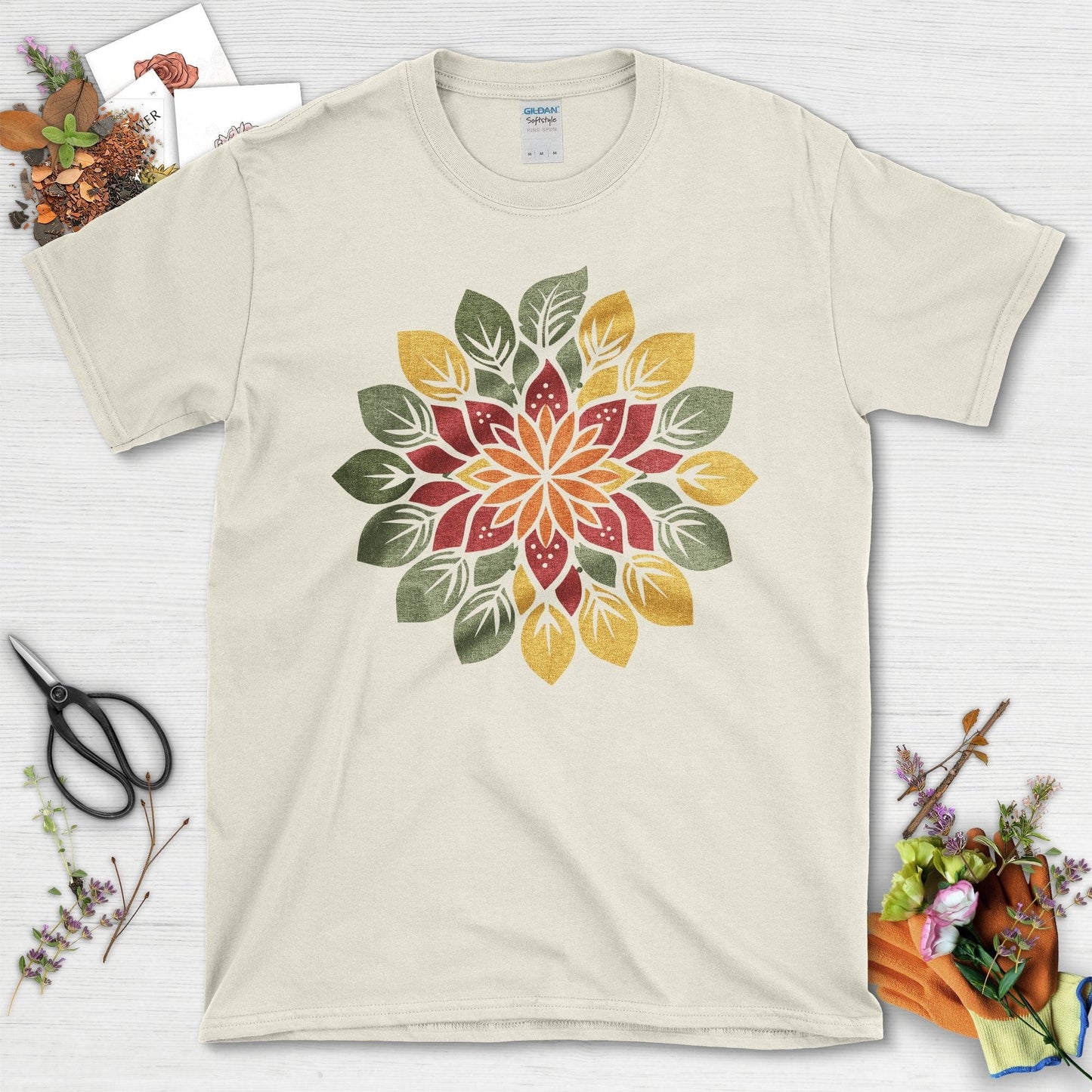 Vibrant Floral Mandala with Leaves Design T-Shirt Natural / S T-Shirt