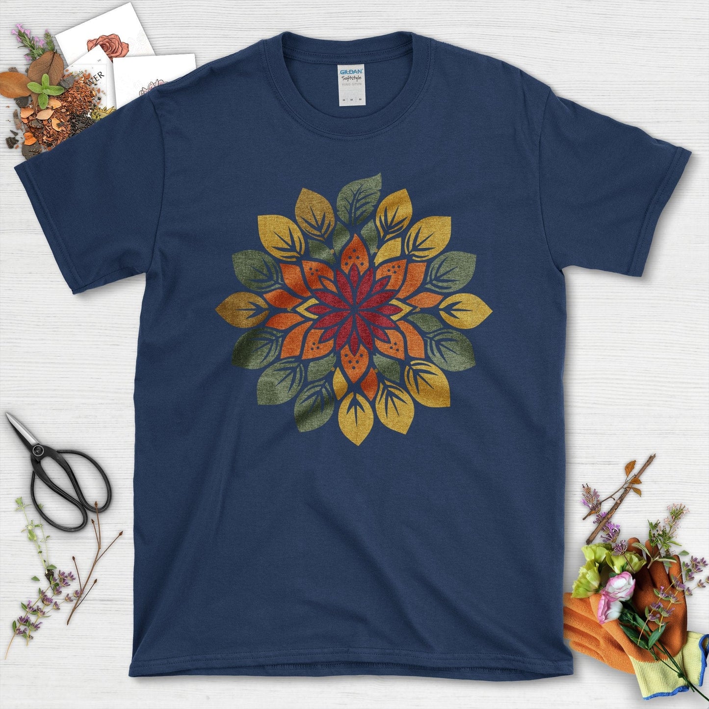 Vibrant Floral Mandala with Leaves Design T-Shirt Navy / S T-Shirt