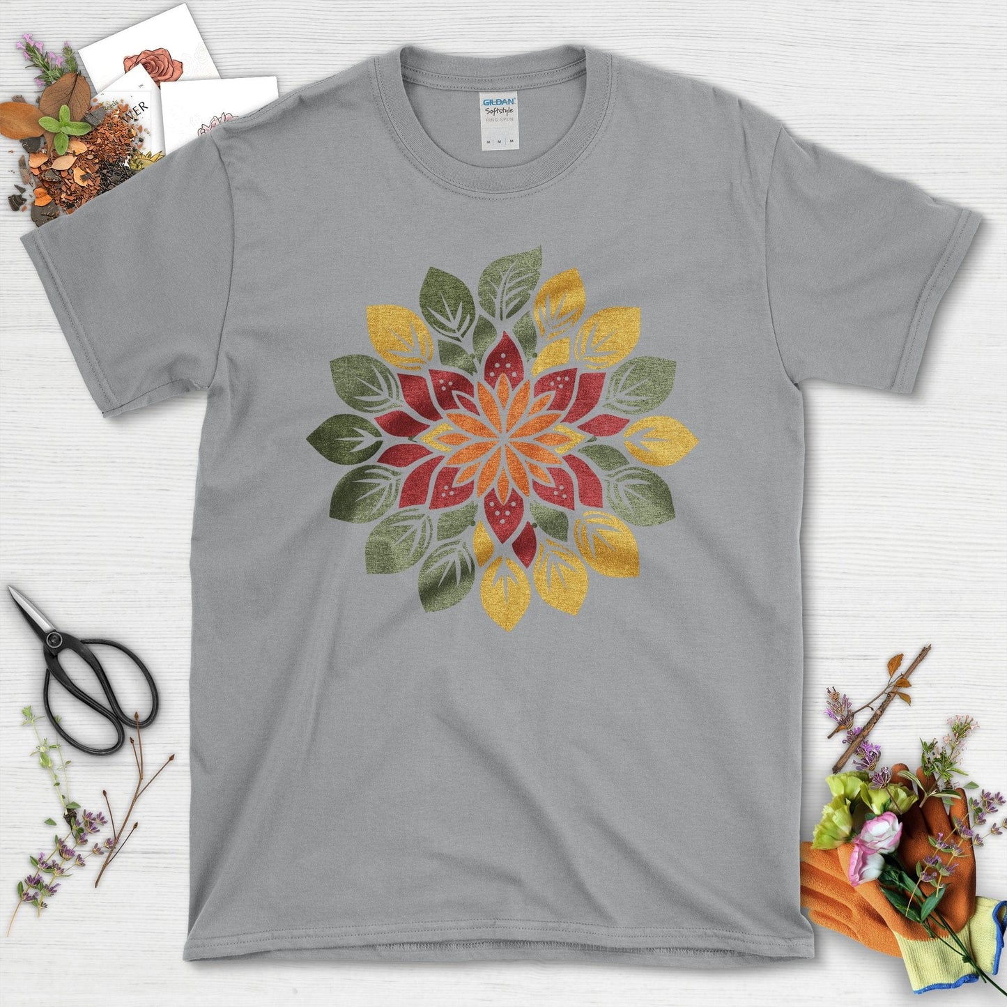 Vibrant Floral Mandala with Leaves Design T-Shirt Sport Grey / S T-Shirt