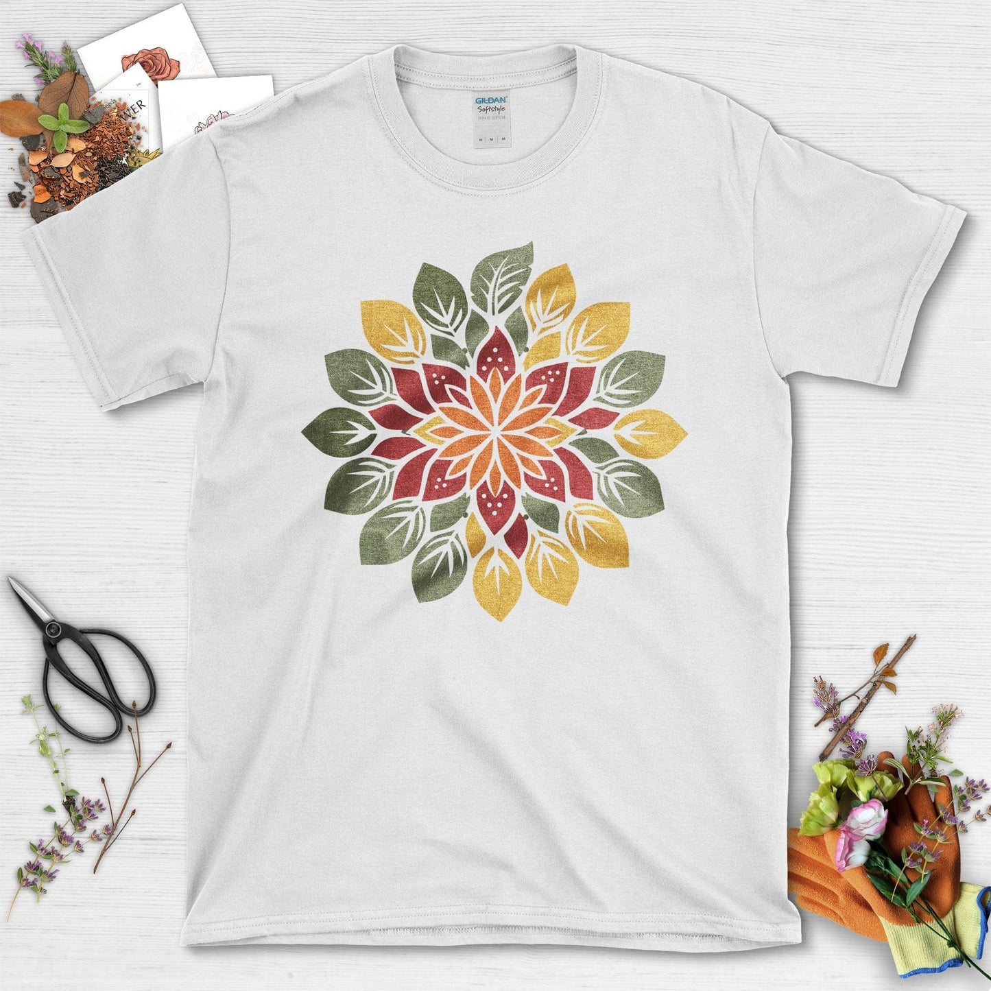 Vibrant Floral Mandala with Leaves Design T-Shirt White / S T-Shirt