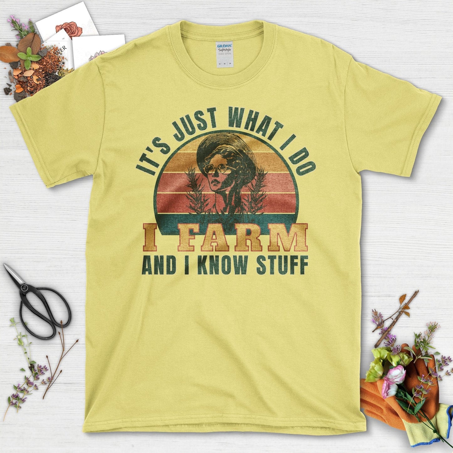 Vintage Lady Farmer I Farm and I Know Stuff T-Shirt Cornsilk / S T-Shirt