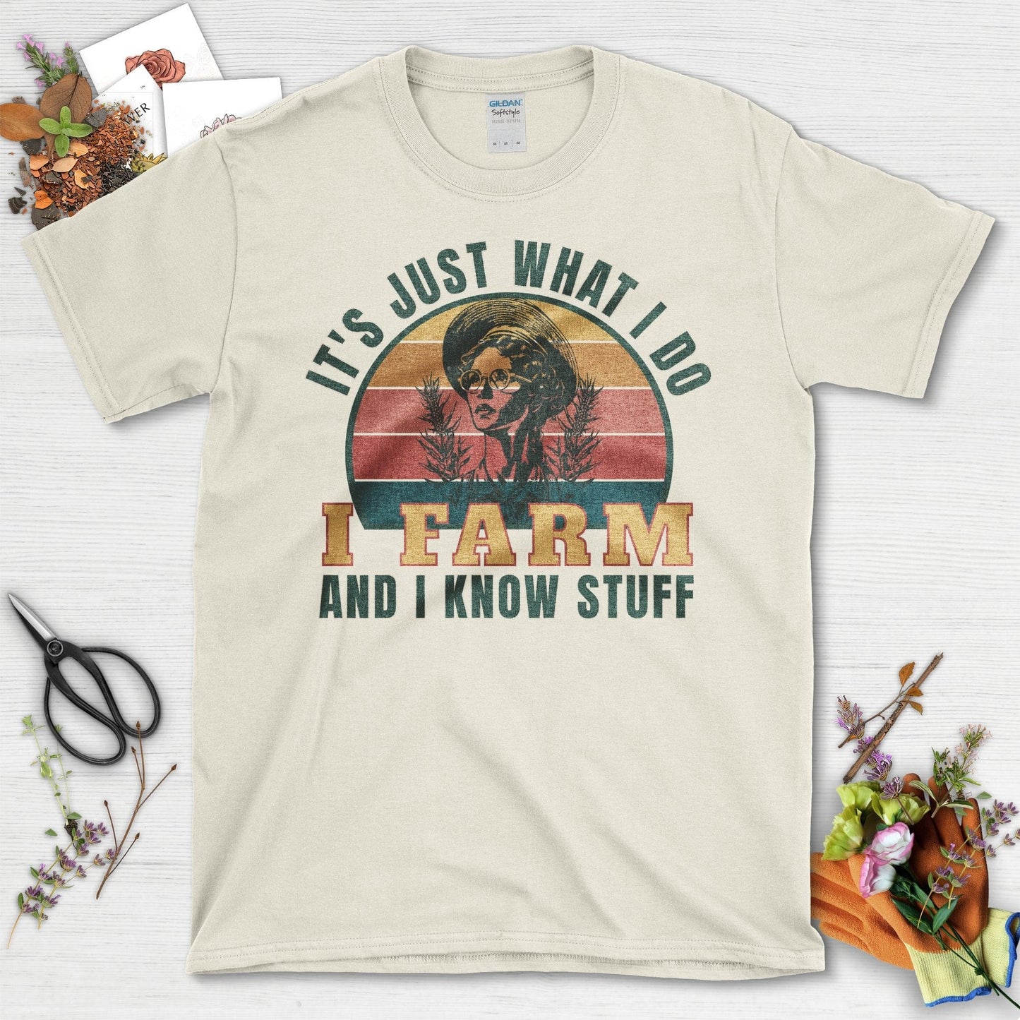 Vintage Lady Farmer I Farm and I Know Stuff T-Shirt Natural / S T-Shirt