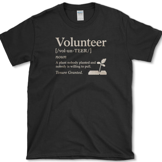 Volunteer plant dictionary definition with a small self-seeded sprout on a T-shirt
