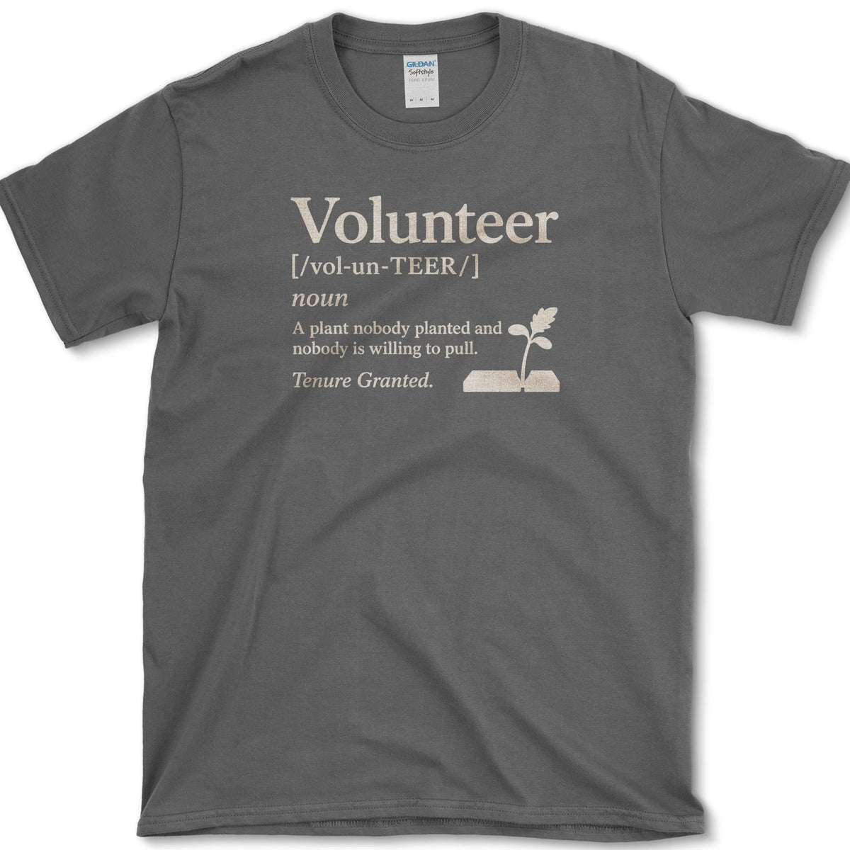 Volunteer plant dictionary definition with a small self-seeded sprout on a T-shirt