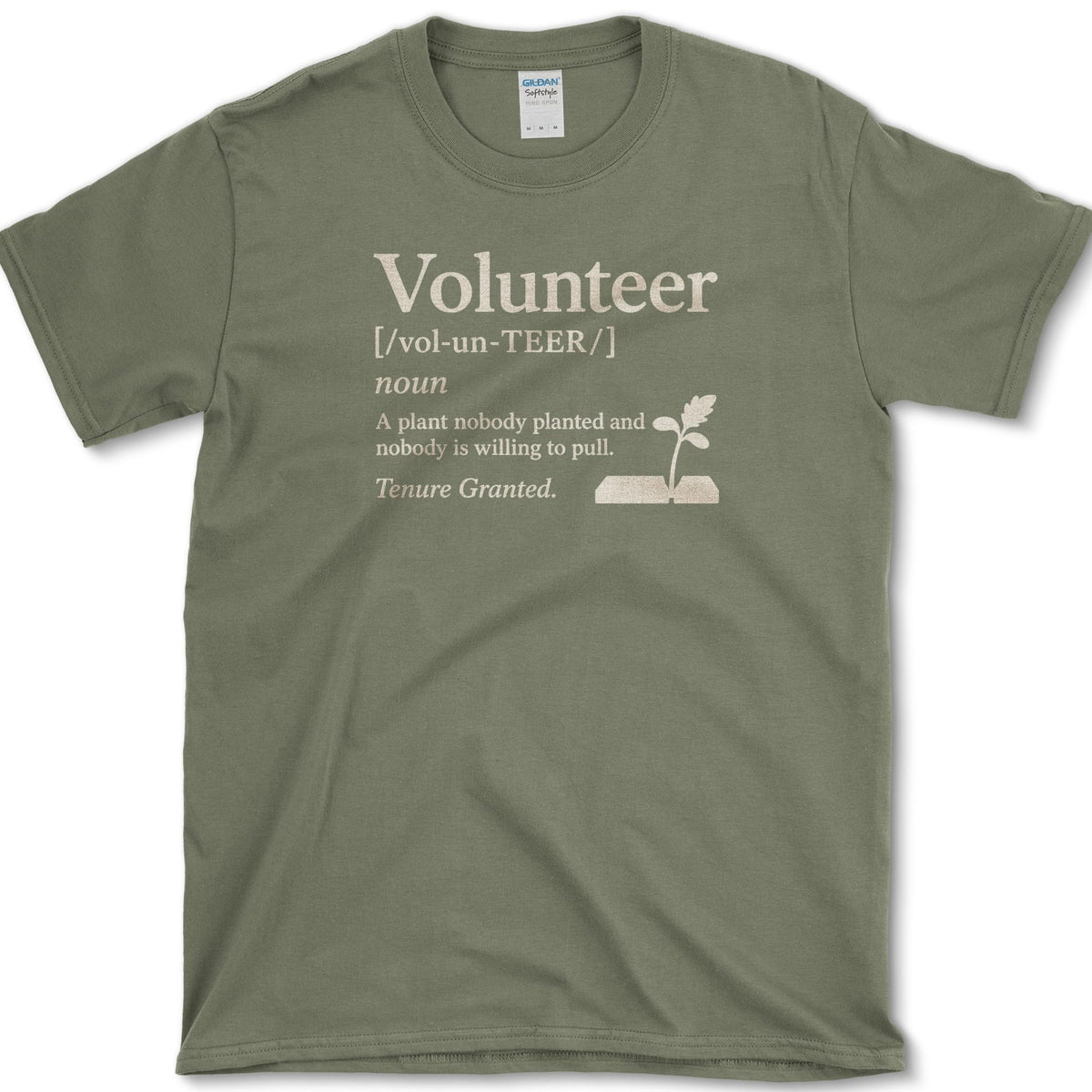 Volunteer plant dictionary definition with a small self-seeded sprout on a T-shirt