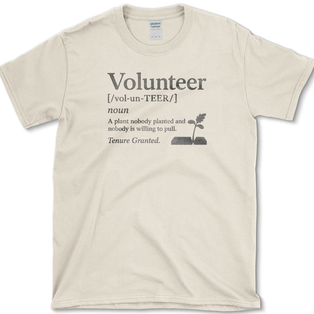 Volunteer plant dictionary definition with a small self-seeded sprout on a T-shirt