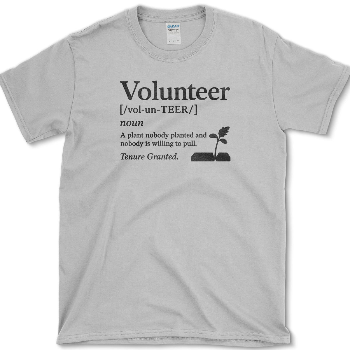 Volunteer plant dictionary definition with a small self-seeded sprout on a T-shirt