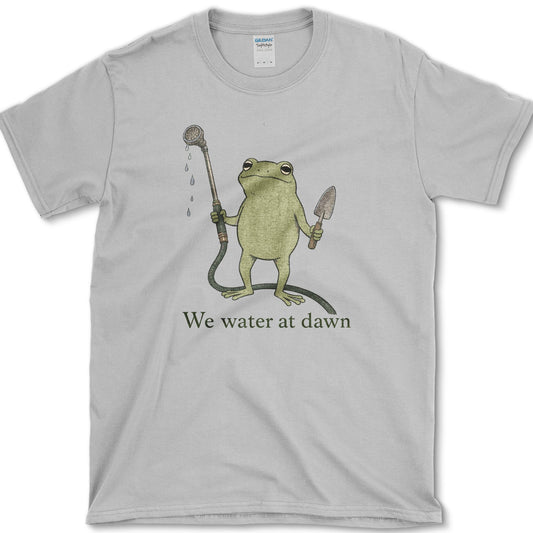 Water At Dawn artwork featuring frog and watering can on a t-shirt