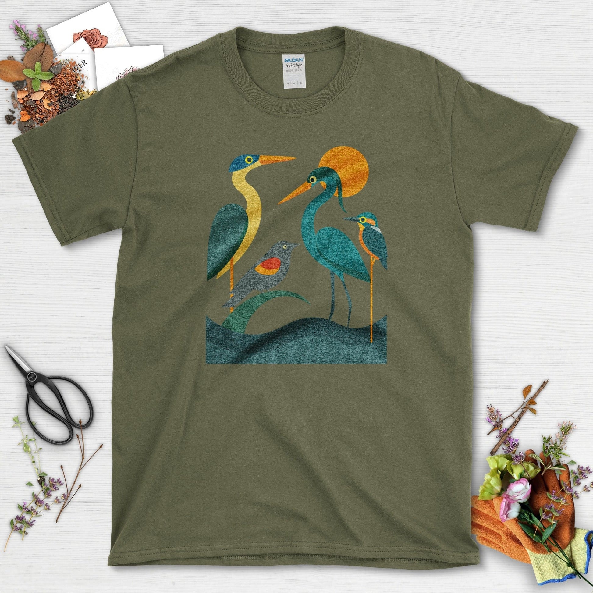 Waters Edge Bird Lovers T-Shirt T-Shirts / S / Military Green Physical Item