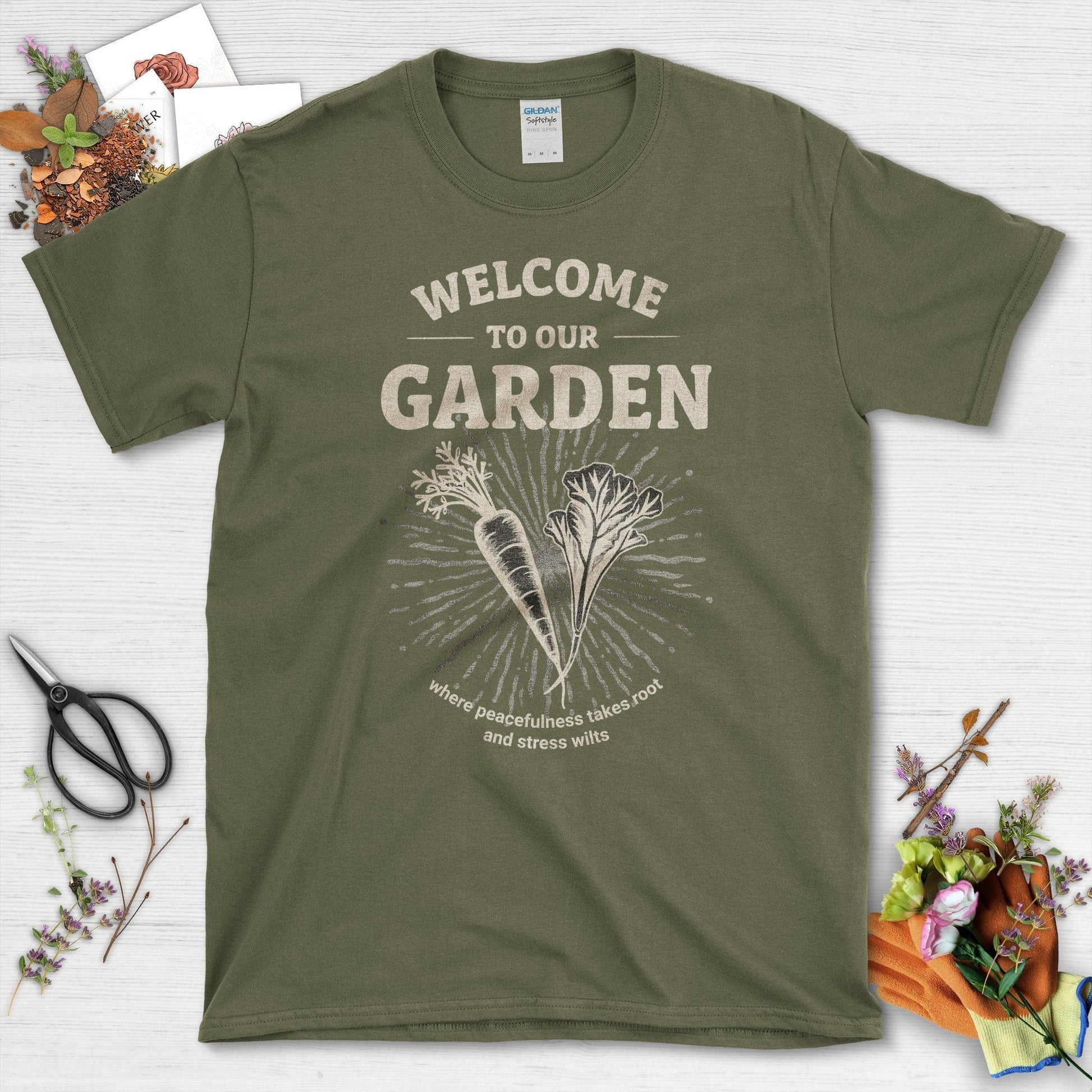 Welcome to Our Garden Tranquil Vibes T-Shirts Military Green / S T-Shirt