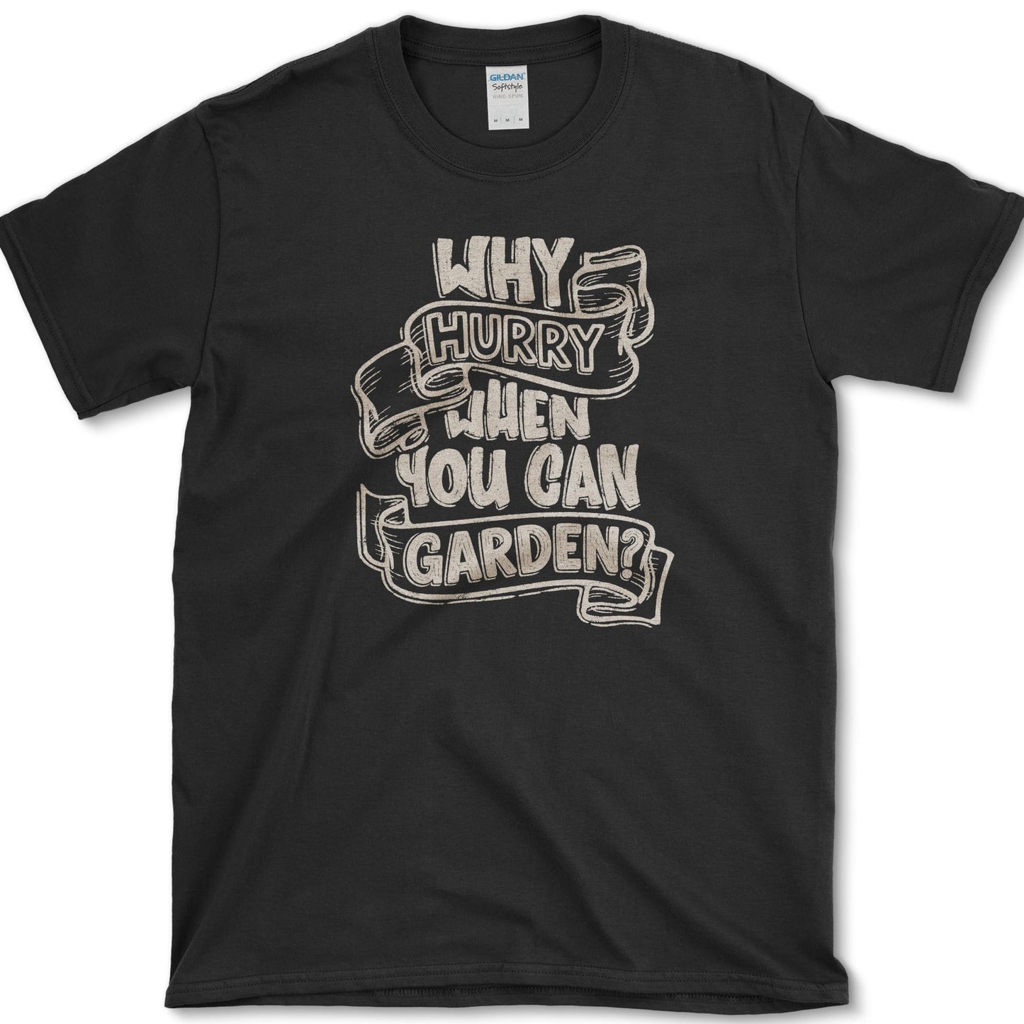 Why Hurry design featuring slow gardening artwork on a t-shirt
