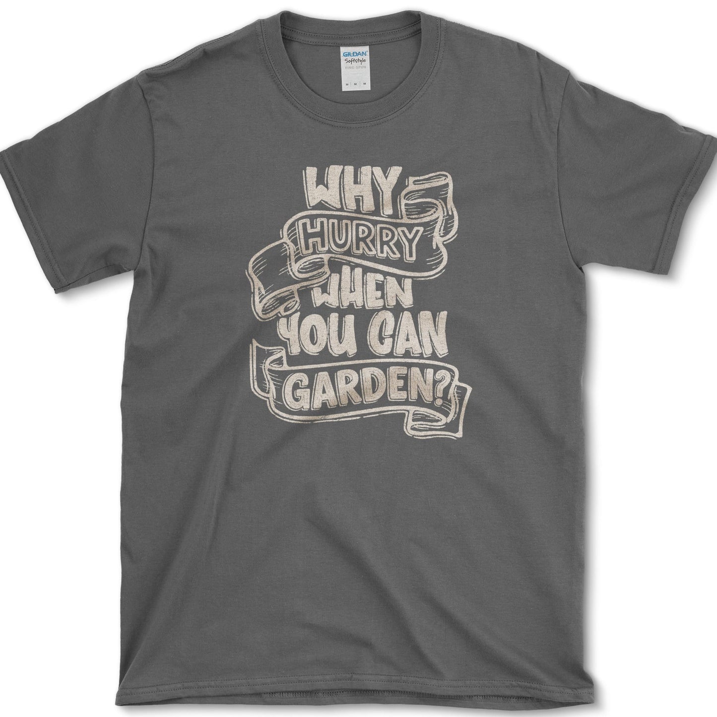Why Hurry design featuring slow gardening artwork on a t-shirt