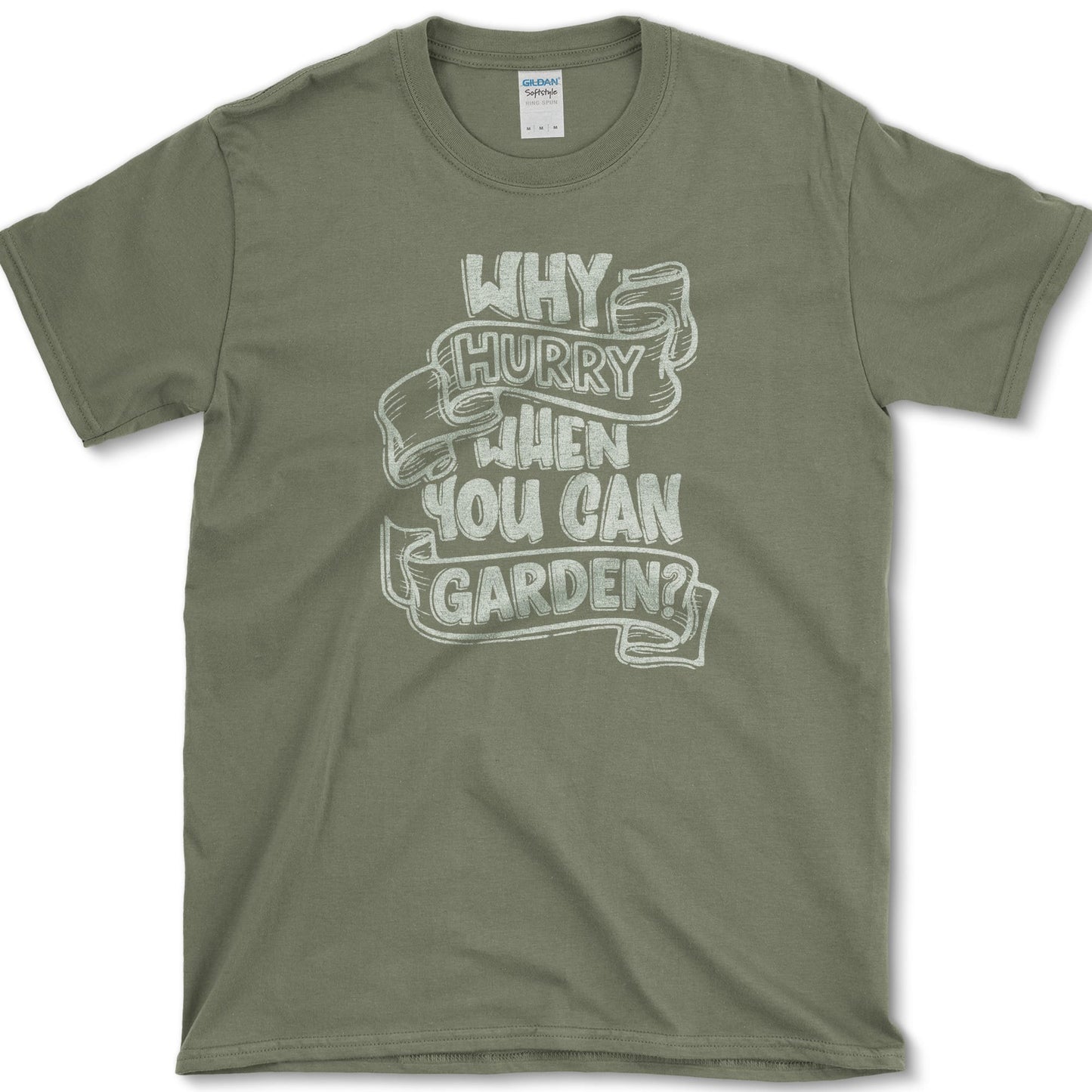 Why Hurry design featuring slow gardening artwork on a t-shirt