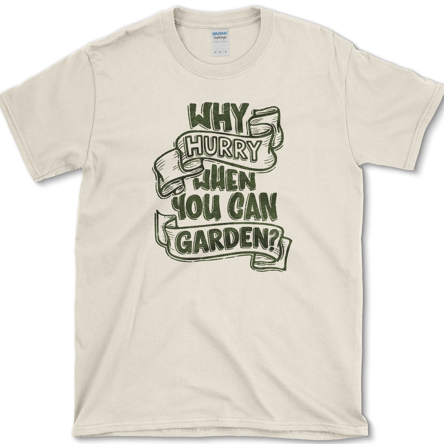 Why Hurry design featuring slow gardening artwork on a t-shirt