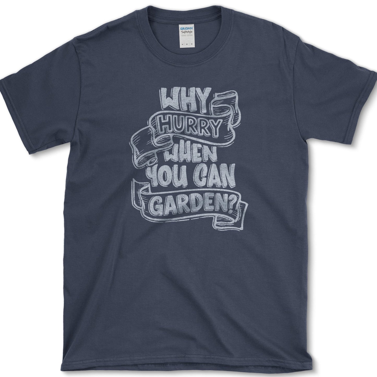 Why Hurry design featuring slow gardening artwork on a t-shirt