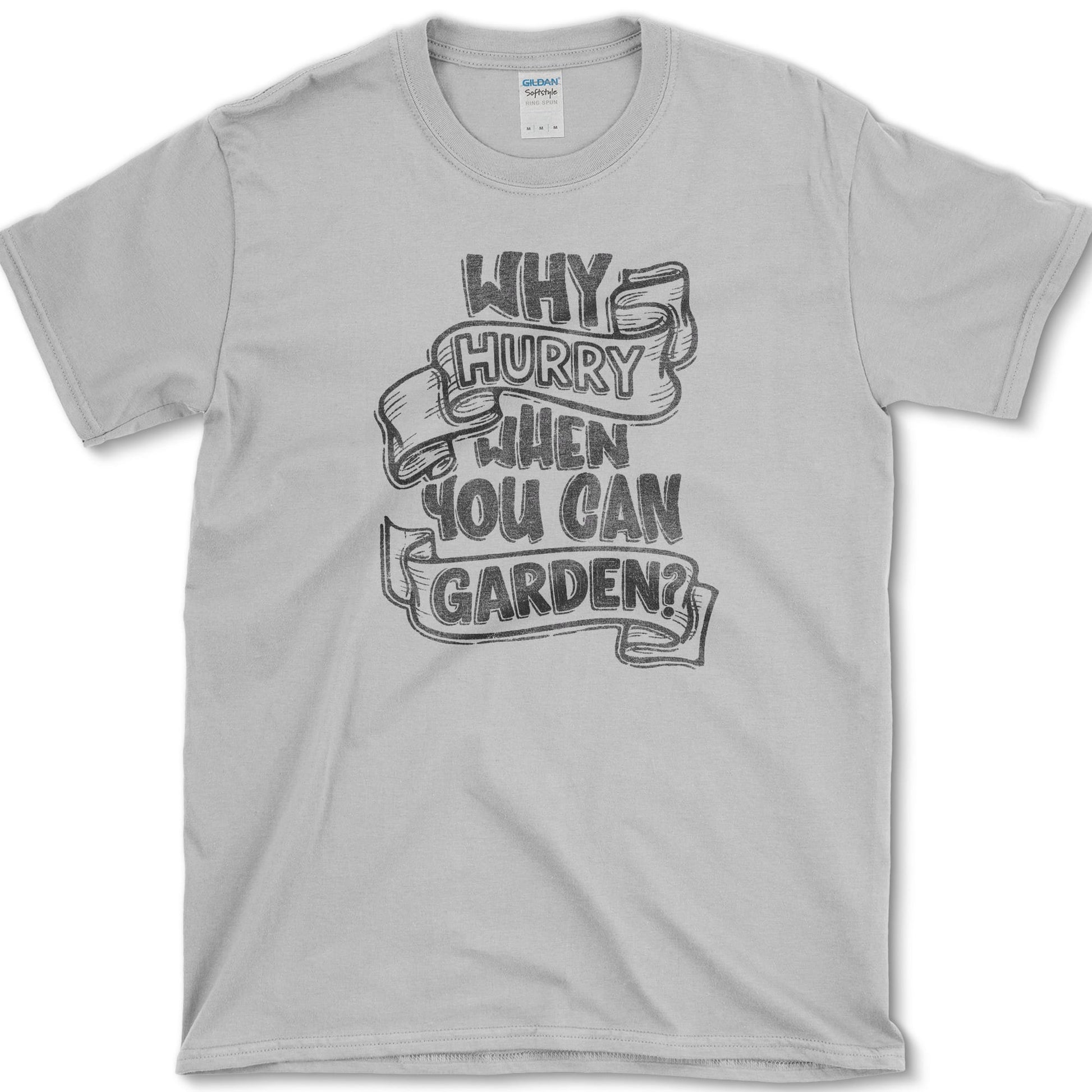 Why Hurry design featuring slow gardening artwork on a t-shirt